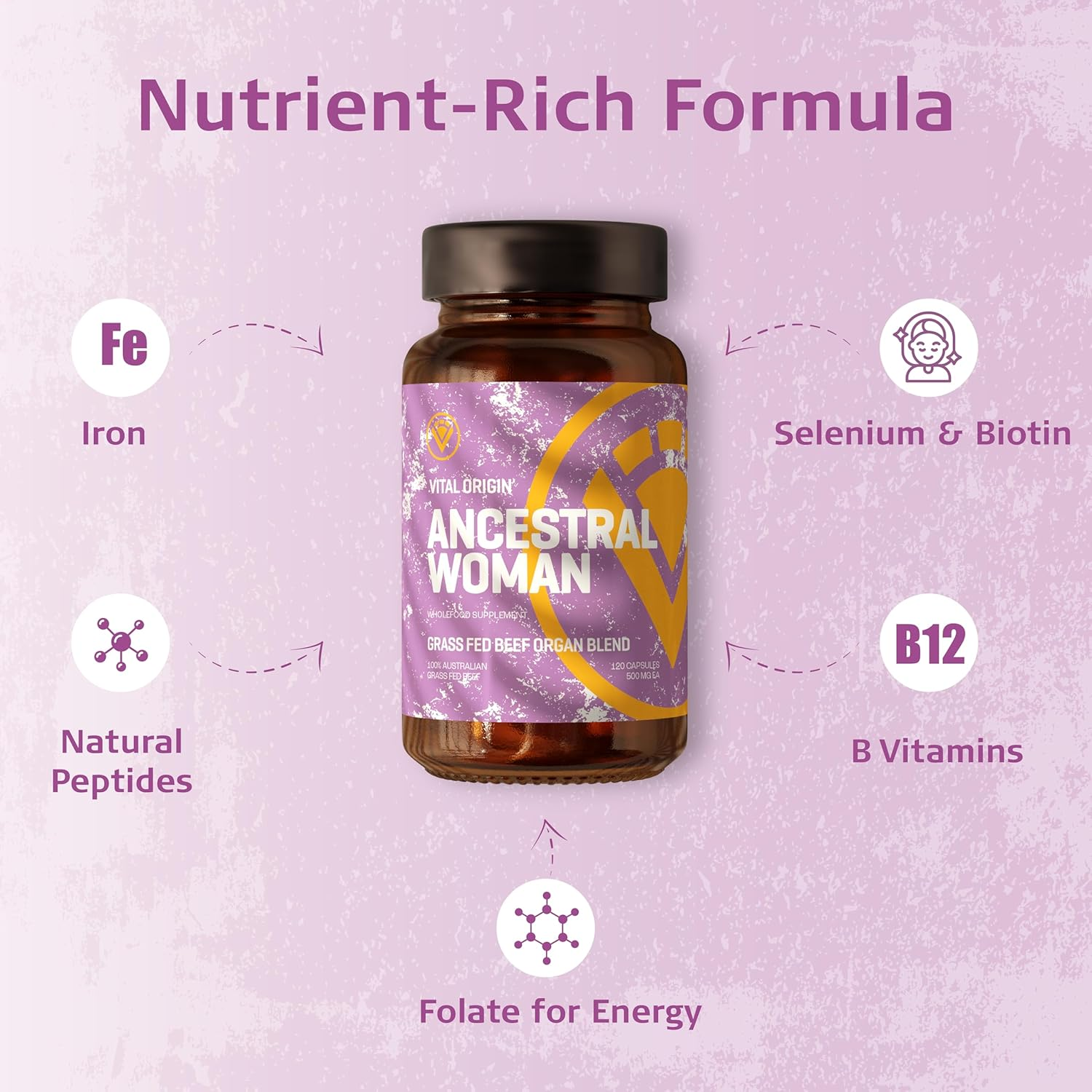 Ancestral Woman Beef Organ Blend Capsules - 100% Grass Fed Australian Superfood Ovary, Uterus, Liver, Spleen, Kidney & Whole Blood &ndash; Natural Source of Iron, B12, Vitamin A, Selenium & Biotin - 120 Capsules. image number 1