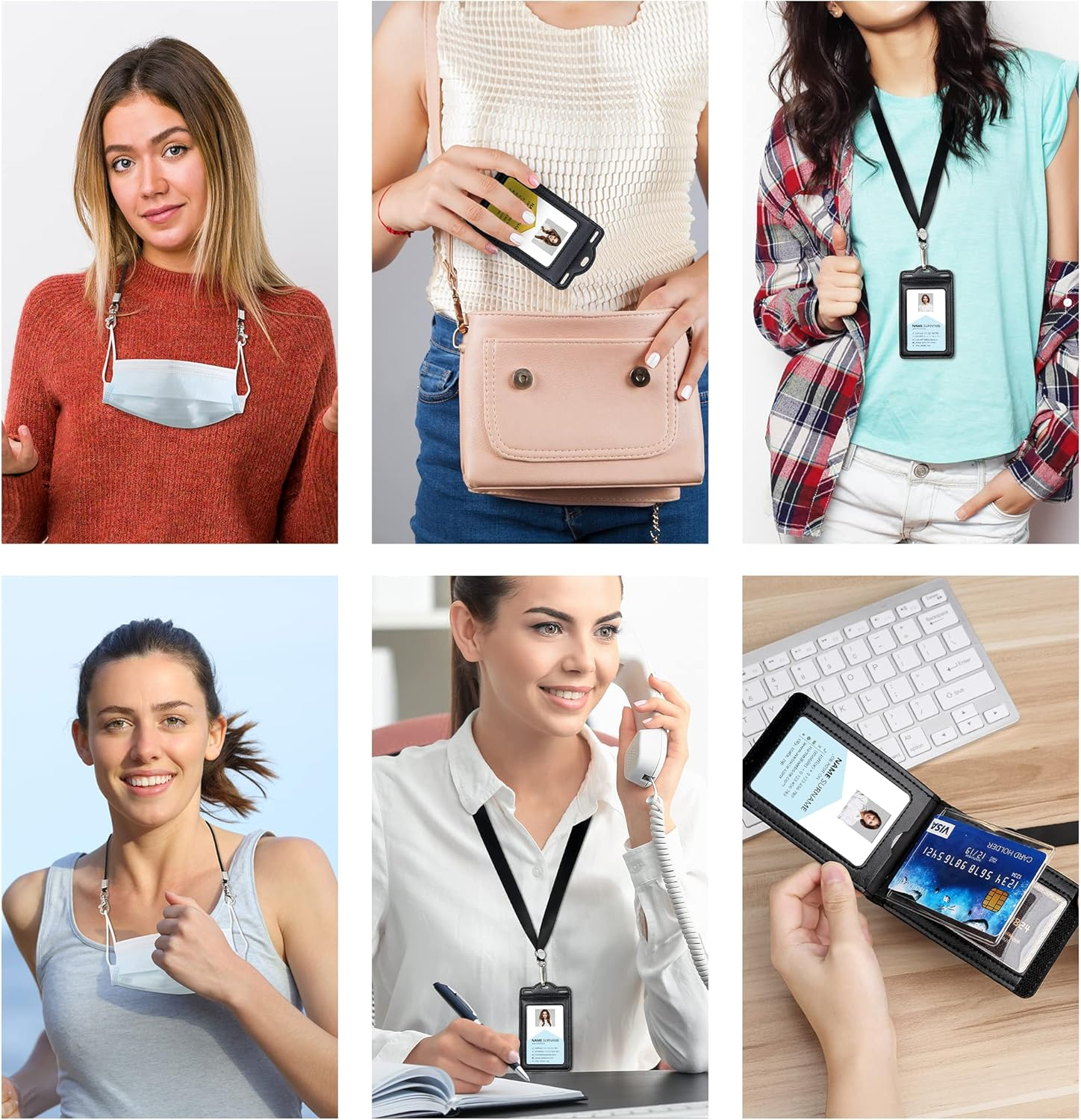 Badge Holder with 2 Lanyard Leather Easily Holds 1 to 6 Cards, Trifold Heavy Duty ID Card Holder, for Nurse Teacher School Medical Law Enforcement - Black image number 2