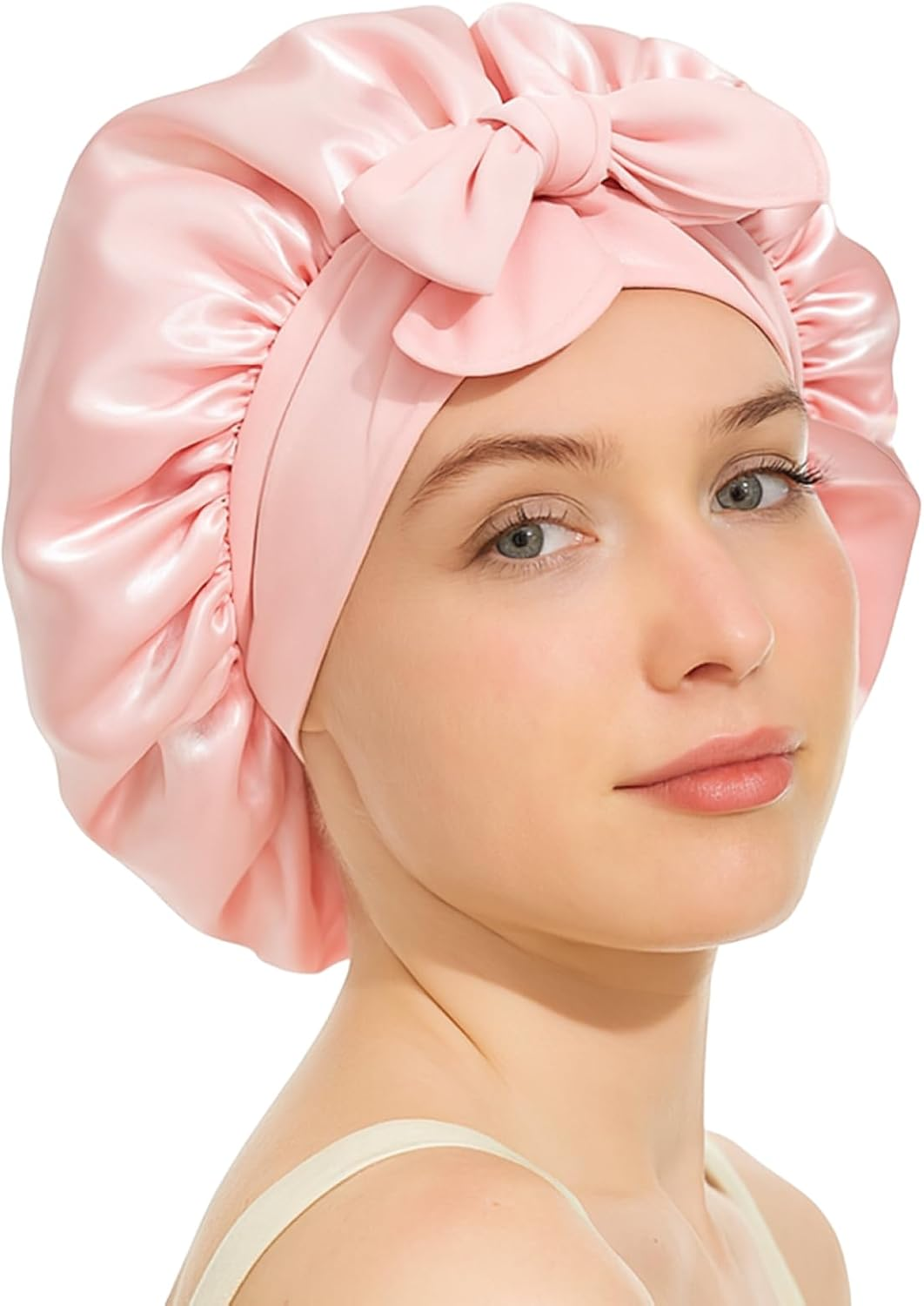 Silk Bonnet for Sleeping, Adjustable Satin Hair Bonnet Sleeping Cap for Curly Hair, Premium Mulberry Silk with Long Tie Band for Protection and Style, Skin Pink image number 5