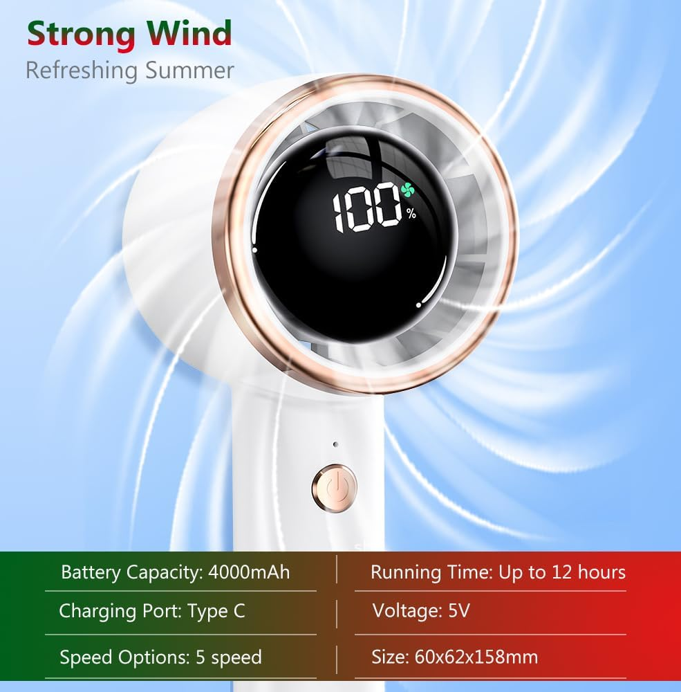 RINGSUN Handheld Fan Rechargeable, Portable Fan with Phone Holder Base, 4000Mah Small Turbo Fan for Home Office Travel Cooling, White - Pink image number 3