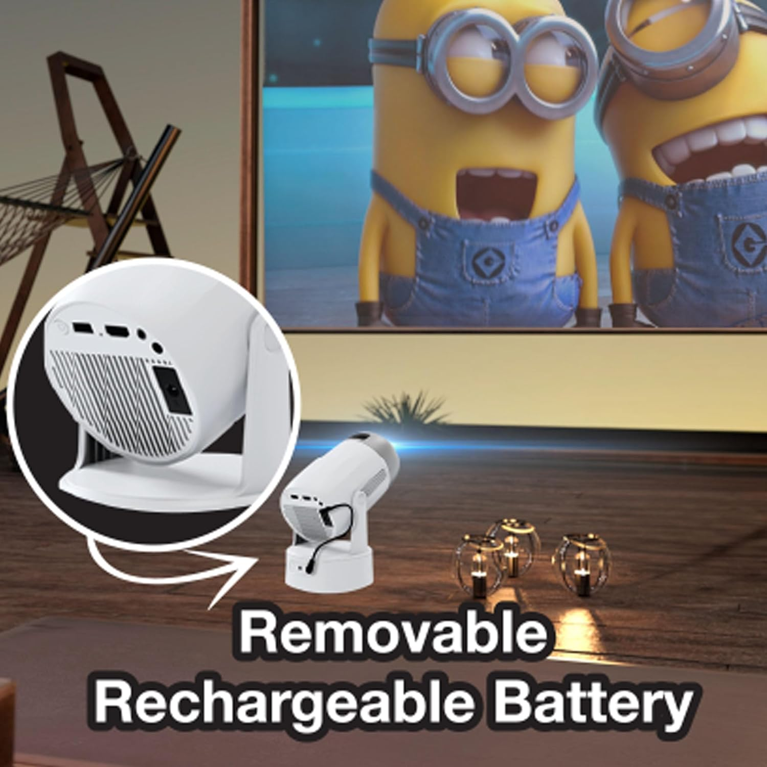 Laser Android LED Full HD 1080P Projector, Dual 3W Speakers, Removable Rechargeable Battery, 120 Inch Screen Included - Wireless Streaming with Bluetooth 5.4, Wifi 6, Built-In Android OS image number 3