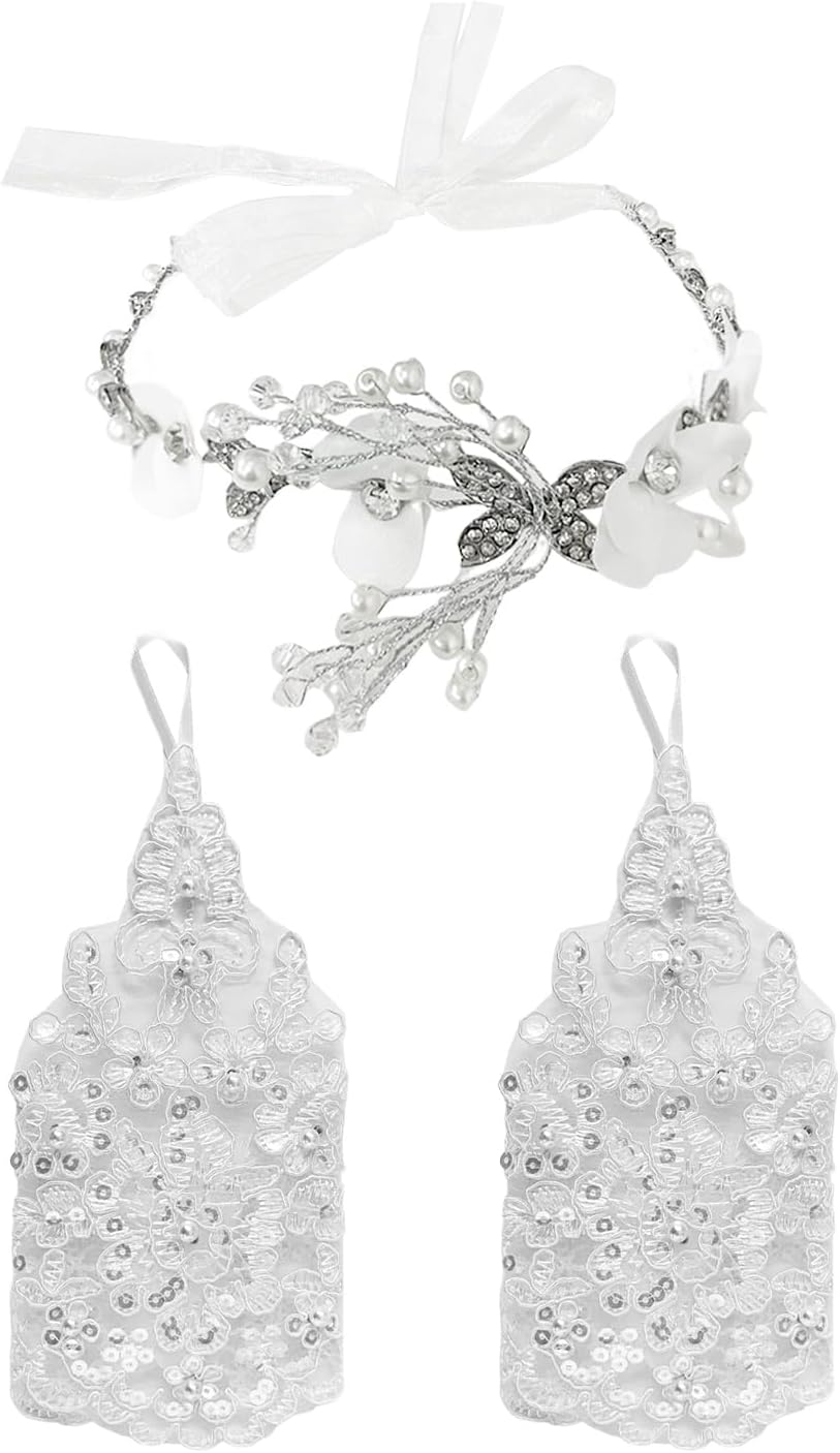 JDNFKG 1 Pearl Headpiece, 1 Pair Lace Gloves, Flower Shaped Headpiece, Elee Headbands, Wedding Dress Accessories image number 1