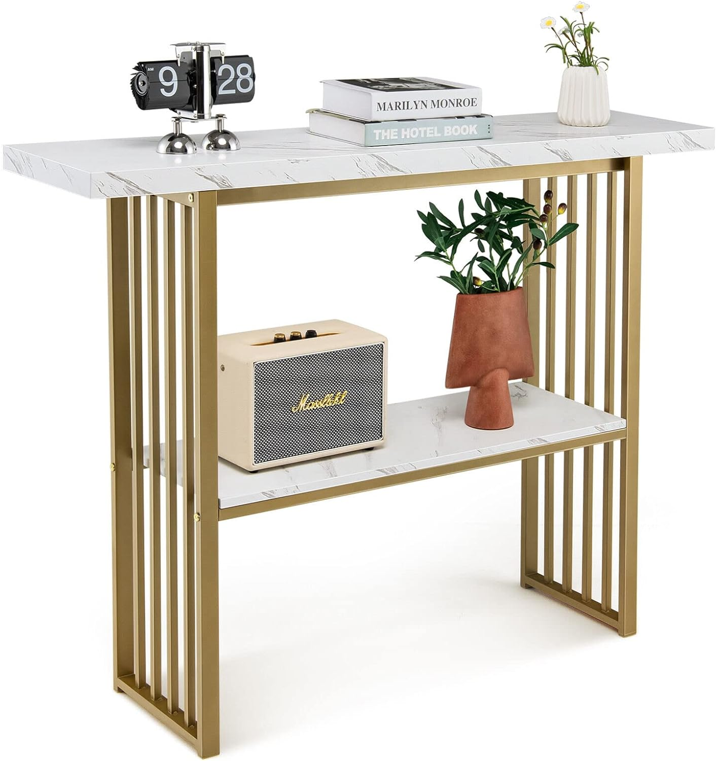 Giantex 2-Tier Console Table 120CM, White Faux Marble Sofa Table W/Open Shelf, Gold Steel Frame, Modern Entryway Table Compact Rectangular Foyer Table (White + Gold)