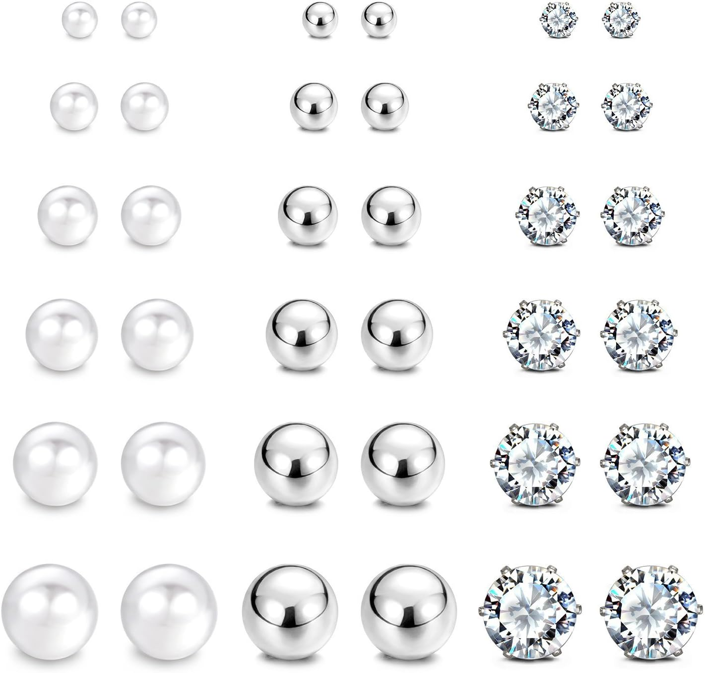 Jewelrieshop Stainless Steel round Ball Studs Cubic Zirconia Studs Faux Pearl Earrings Set for Women (8 Pairs / 18 Pairs) image number 2