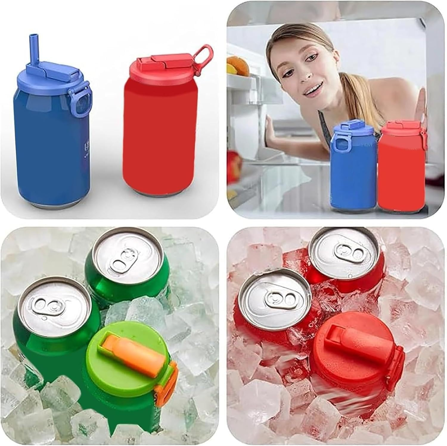 Roczential 4 Pcs Can Covers for Soda, 4 Color Soda Can Lids, Silicone Straws Soda ​Can Covers, Bpa-Free Reusable for Fits Standard for Canned Beverage, Beer,Juice,Seltzer, Hot Holiday Party Supplies image number 1