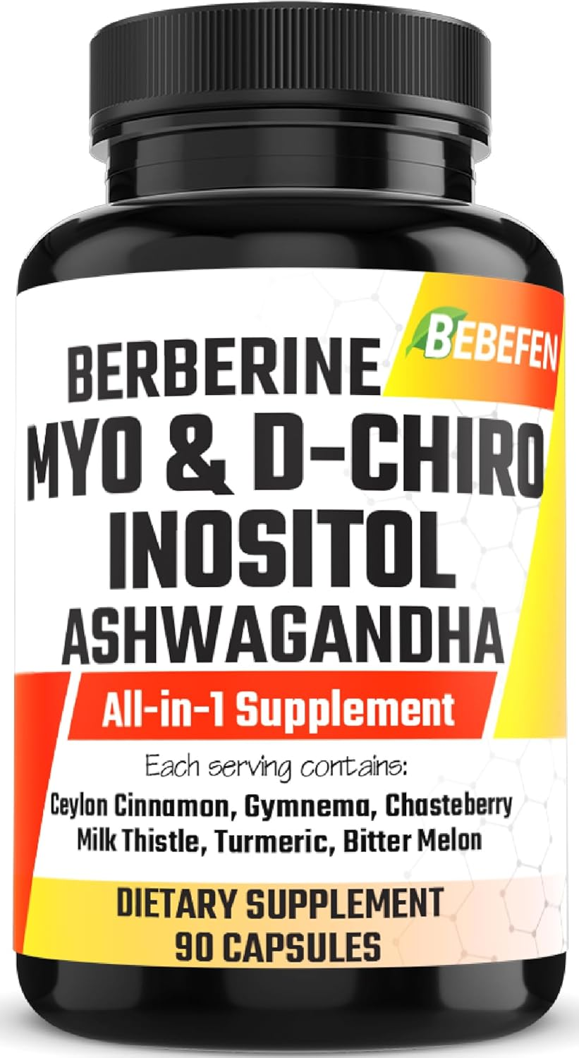 BEBEFEN Myo-Inositol & D-Chiro Inositol Capsules with Ashwagandha, Berberine, Cinnamon, Gymnema, Chasteberry, Milk Thistle, Turmeric, Bitter Melon - 90 Capsules