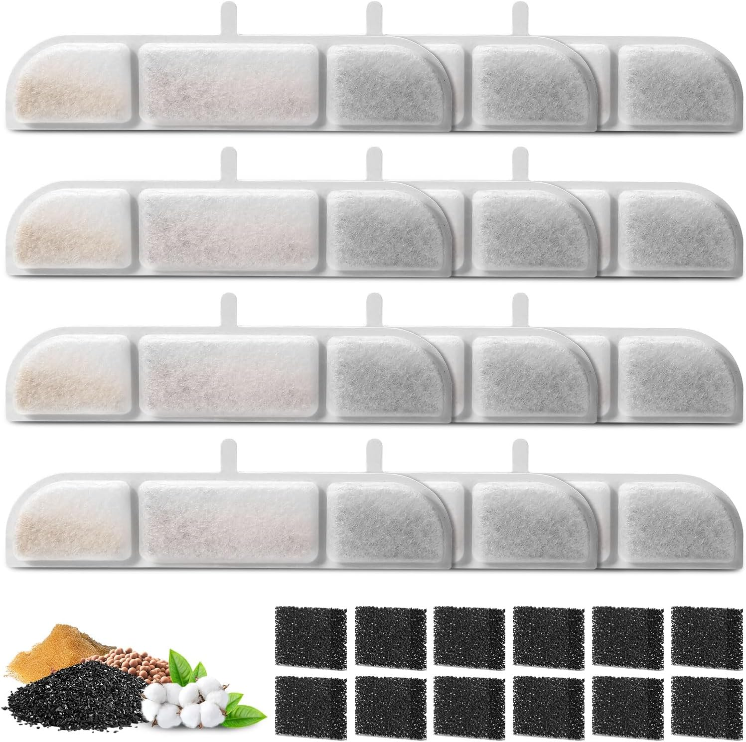 Pack of 12 Cat Fountain Filters, Feriva Cat Fountain Filter for 2.5 L Cat Fountain Wireless, Quadruple Action Pet Water Fountain Filter, Replacement Filter and Pre-Filter Sponges for Cat Drinking