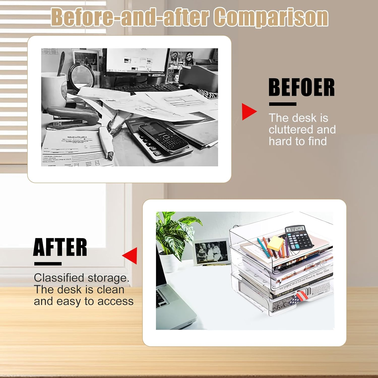 Clear Stackable Paper Trays 4 Pack, Letter Tray Desk Organizer, Desktop Organizers and Storage for Books, Magazines, Folders, A4 Size File Paper, Office Supplies image number 2