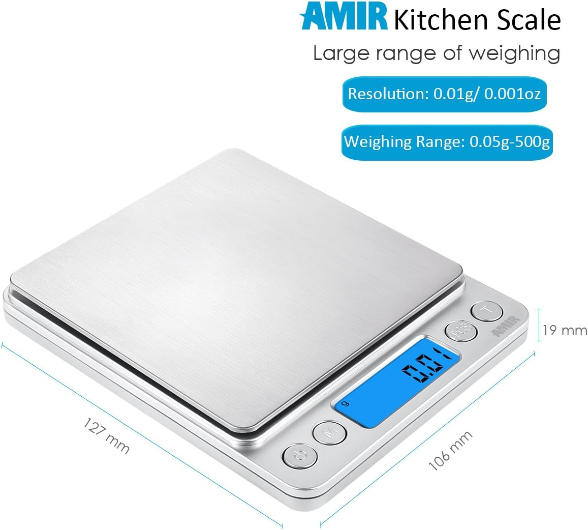 AMIR Digital Kitchen Scale 500G/ 0.01G Pro Cooking Scale with Back-Lit LCD Display Accuracy Pocket Food Scale 6 Units Auto off Tare PCS Function Stainless Steel Batteries Included (Silver) - New Red image number 6