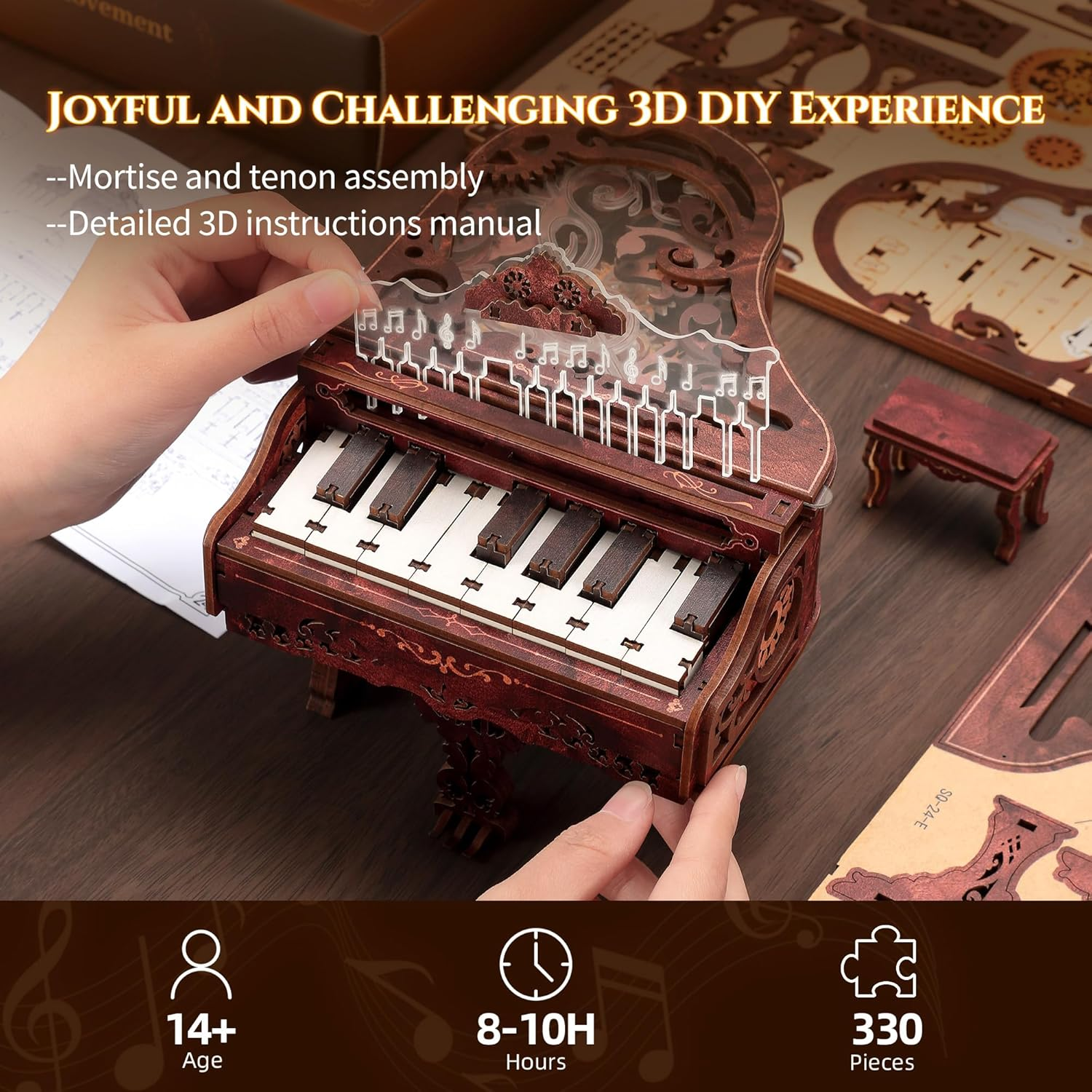 FUNPOLA 3D Wood Puzzle Piano Kit Playable Wooden Keyboard Model with LED Lights Interactive Craft Kit & Digital Piano Puzzle for Adults and Kids (With LED)