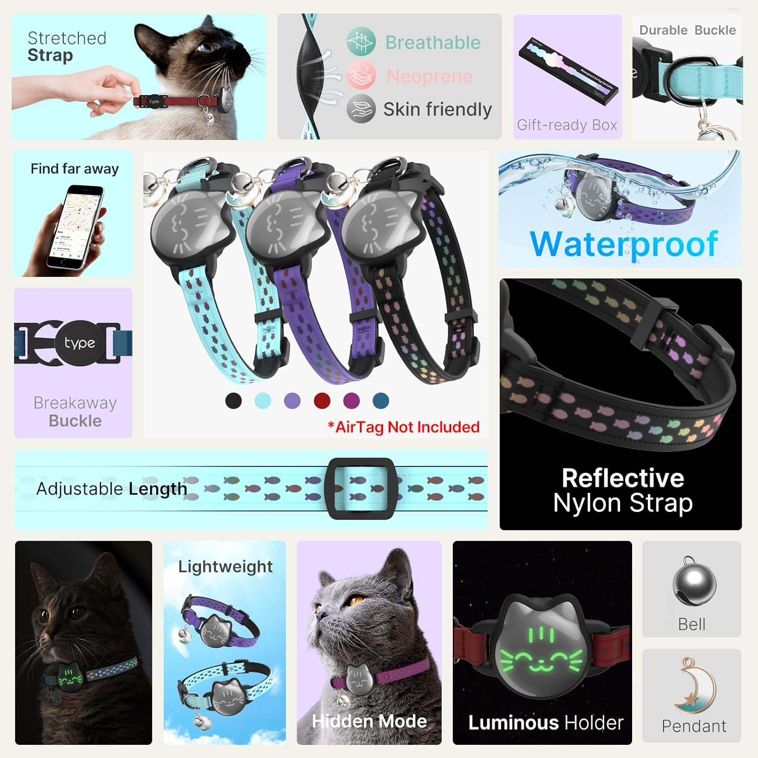 Waterproof Airtag Cat Collar, Breakaway Cat Airtag Collar with Luminous & Reflective Fish Pattern, Lightweight Kitten Collars for Apple Air Tag, Hidden GPS Tracker Holder for Cats, Kittens(9-13") image number 2