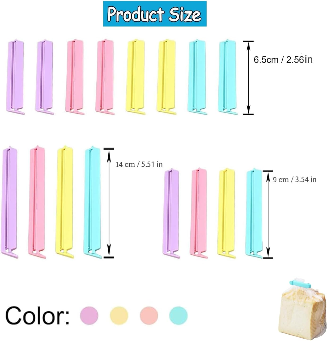 Yharnamite 16 Pcs Bag Sealing Clips, 3 Sizes Reusable Plastic Food Clips Bag Clips, Sealing Clips for Food Storage, Keeping Food Fresh