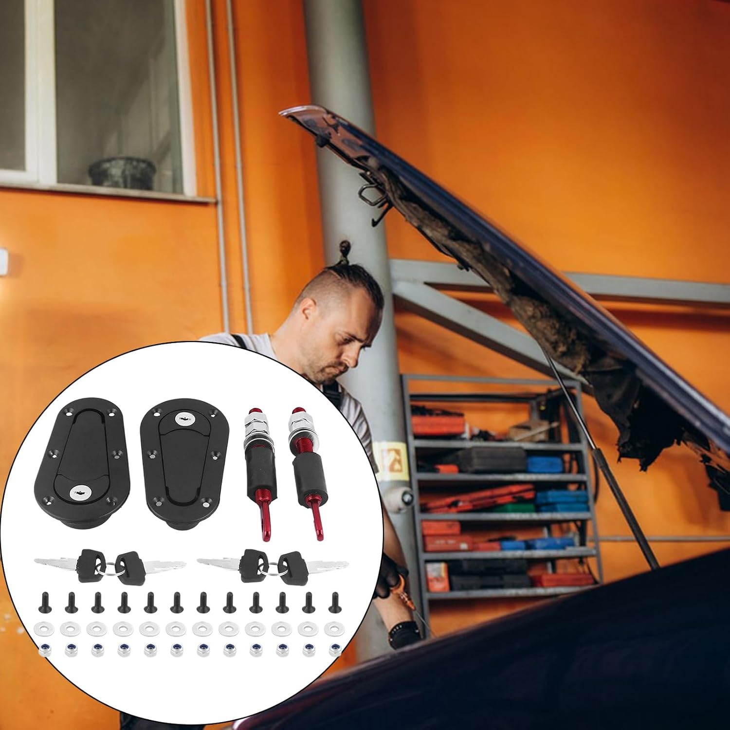 Hood Pin Kit - Flush Mounted Hood Pins,Quick Release Lock Fasteners Spacers Cover for Bumper Engine Bonnet Plate Truck Automotive