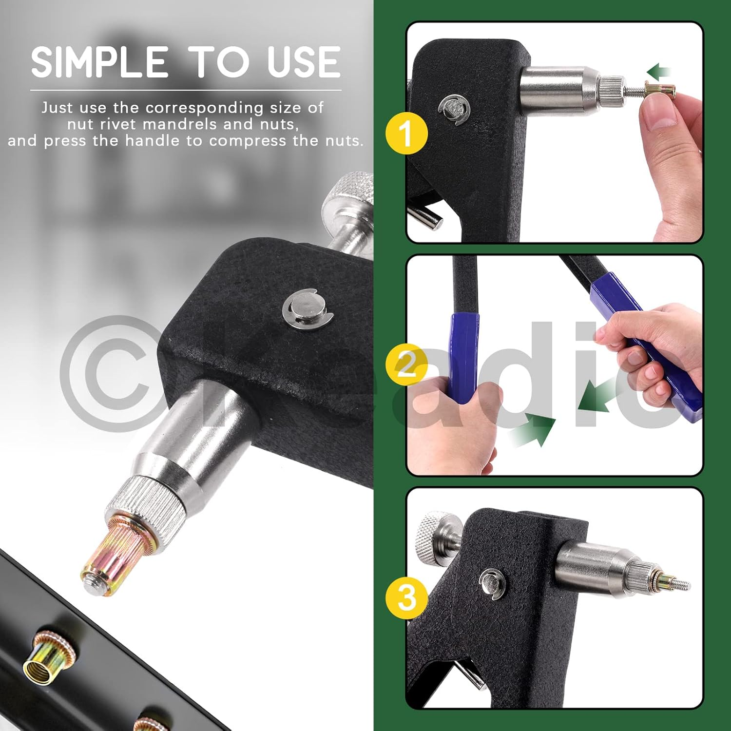 Keadic 156Pcs Heavy Duty Hand Rivet Tool Nut Setter Kit Contains Nutsert Tool with 5Pc Metric Interchangeable Mandrels and 100Pcs M3/M4/M5/M6/M8 Threaded Rivnuts for Automotive Furniture image number 4