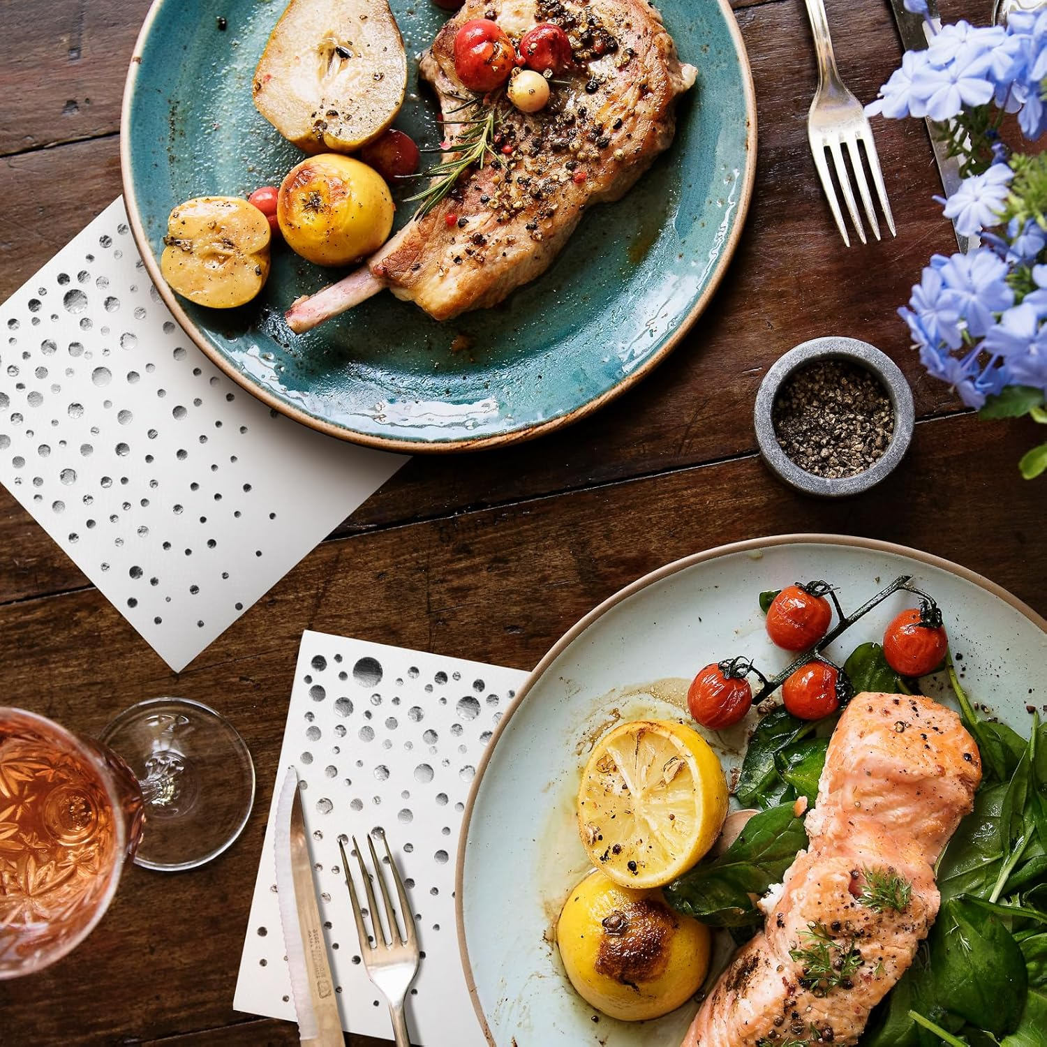 Stylish Silver Cocktail Napkins, 100 White and Silver Napkins, Disposable 5X5 Inch Silver Party Napkins, Wedding Napkins, Silver Paper Napkins, Wedding Cocktail Napkins, Silver and White Napkins image number 2