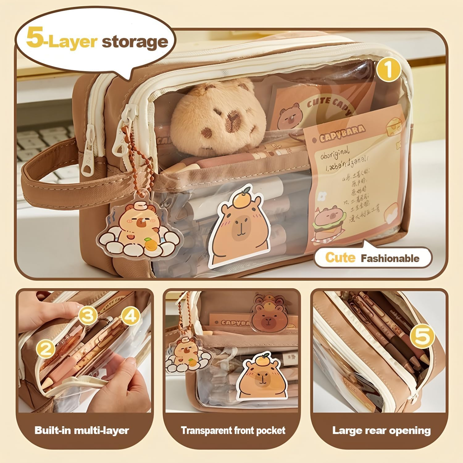 Pencil Case with Zipper,Cartoon Capybara 5 Layers Compartment Clear Pencil Case Pouch,With 4 Pens&4 Pcscartoon Accessories for Students College Office, Clear Makeup Cosmetics Bag for Adults image number 1