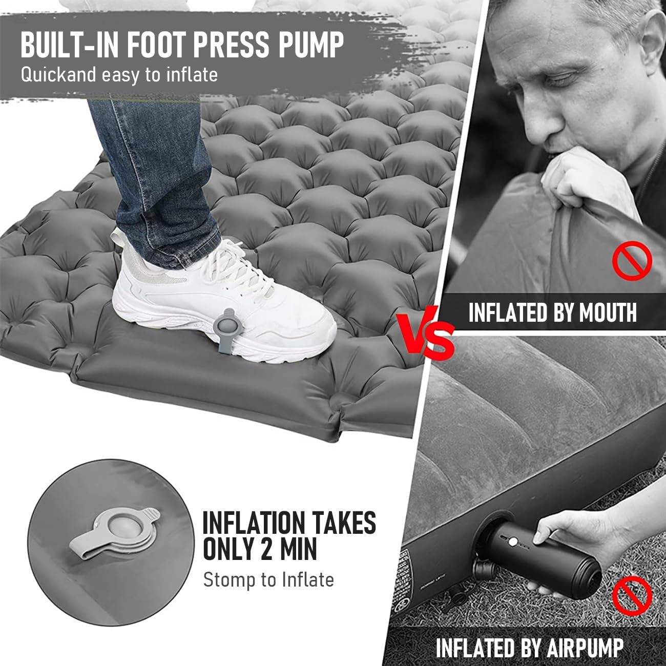 Alpen Outdoor Portable Sleeping Pad, Built-In Pump, Mattress Inflatable Foot Press Ultralight Mat with Pillow for Backpacking, Hiking, Traveling (Grey) - Green image number 3