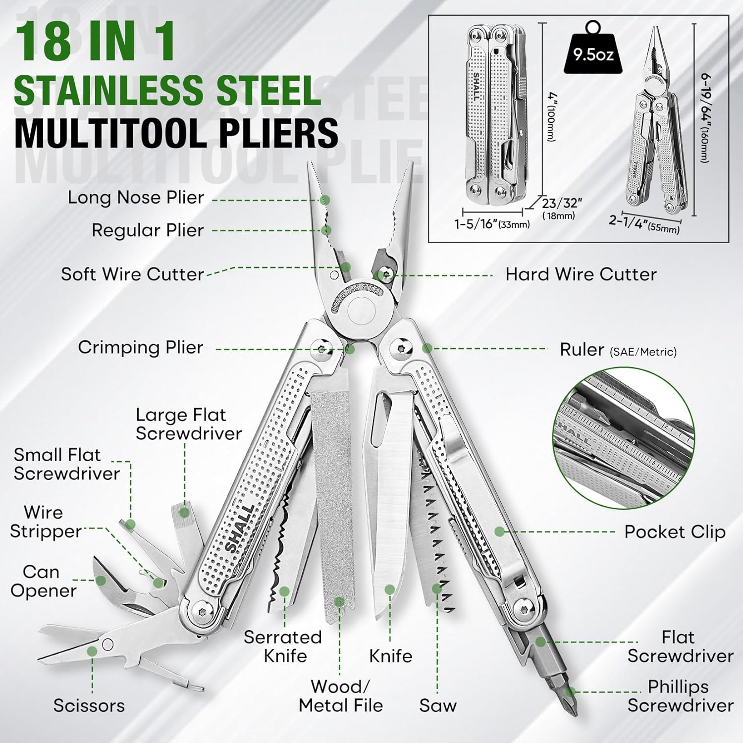 SHALL Multi Tool, 18-In-1 Multitool Pliers, Stainless Steel Multi-Tool Pocket Knife W/Screwdriver Bit, Self-Locking Multipurpose Tool W/Sheath for Camping Fishing Survival Hunting image number 1