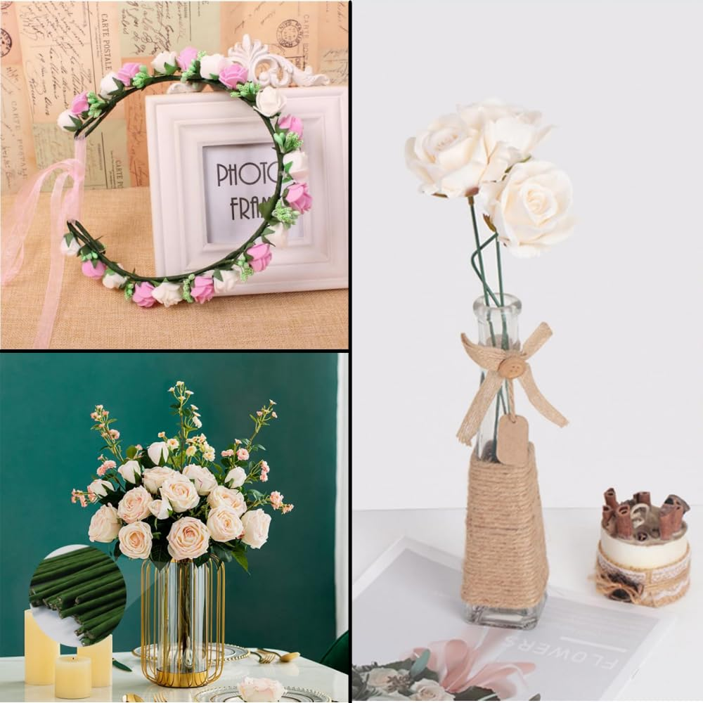 100Pcs Floral Wire, Green Flower Wire Wrapped with Paper, Florist for Artificial Flowers, Wreath, (2MM) for Arrangements DIY Bouquet Handcrafts