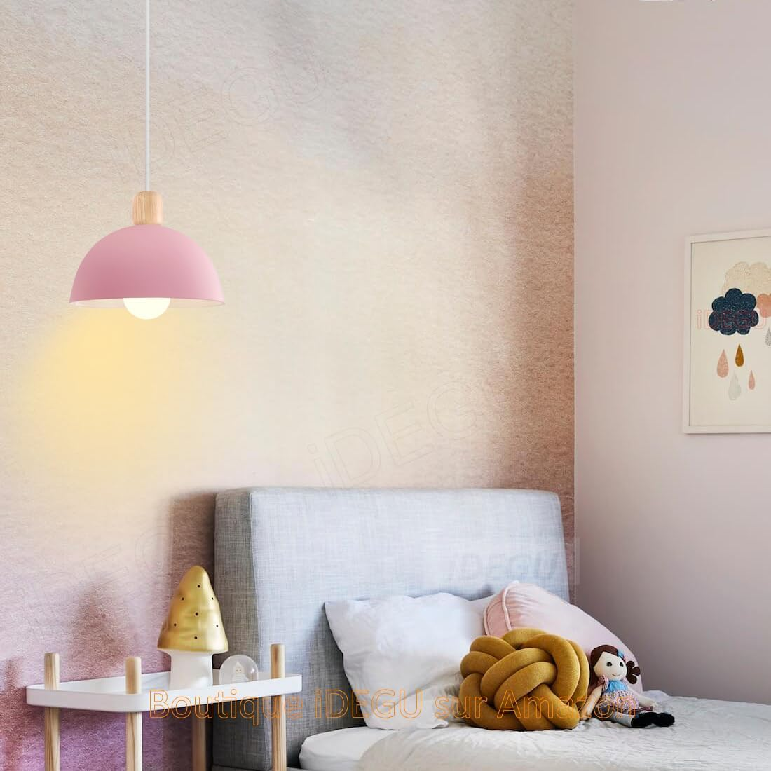 Idegu Diameter 20 Cm Pendant Lamp Retro E27 LED Pendant Light Modern Scandinavian Ceiling Light Made of Metal Wood Pendant Light for Bedroom Dining Room Kitchen Restaurant (Pink, 1 Piece) image number 2