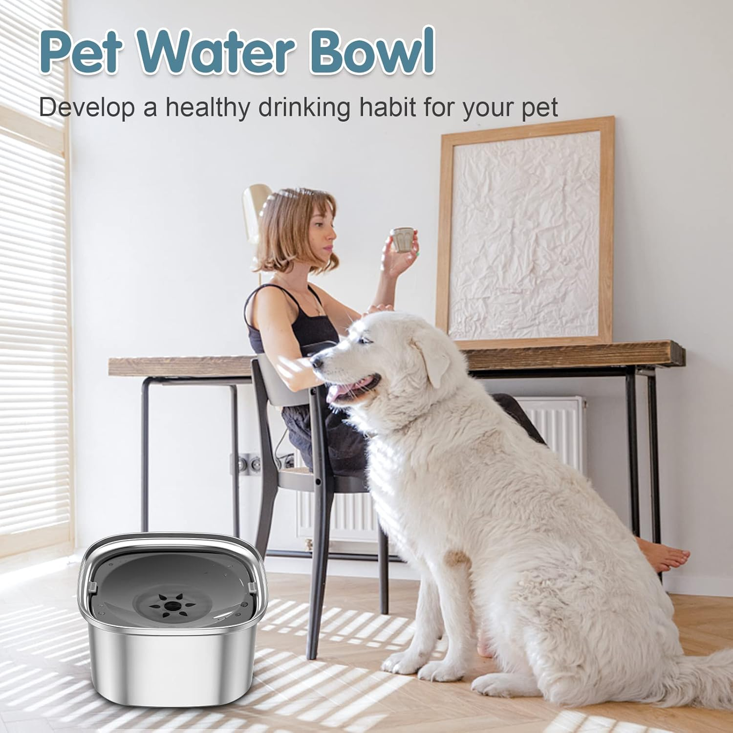 UPSKY 3L Dog Water Bowl 101Oz Stainless Steel Dog Bowl No Spill Large Capacity Dog Food Water Bowl Slow Water Feeder,Spill Proof Pet Water Dispenser Vehicle Carried Travel Water Bowl Dogs,Cats 1.Grey image number 6