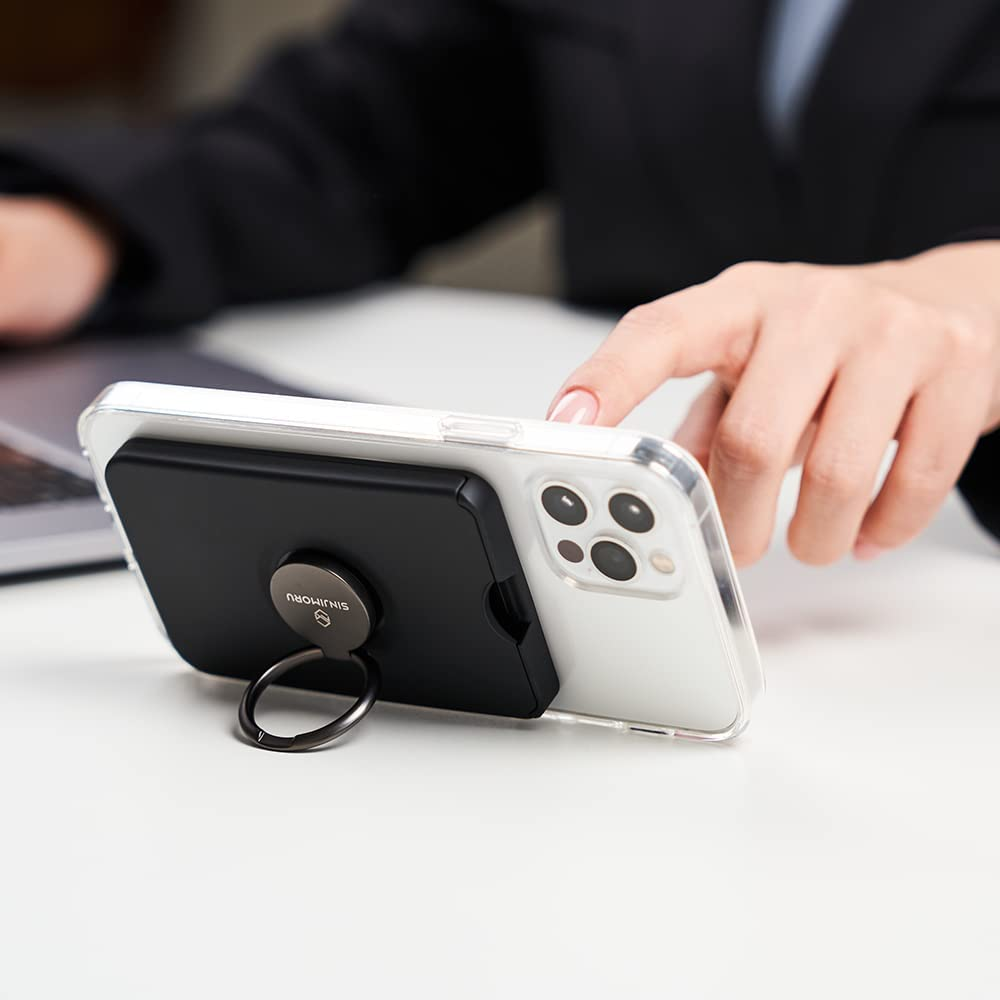 Sinjimoru Cell Phone Wallet for Magsafe with Phone Ring Holder, Secure Magnetic Card Holder with Phone Grip & Kickstand for Magsafe Case & Iphone 16 15 14 13 12 Series. M-Ringo Slot White