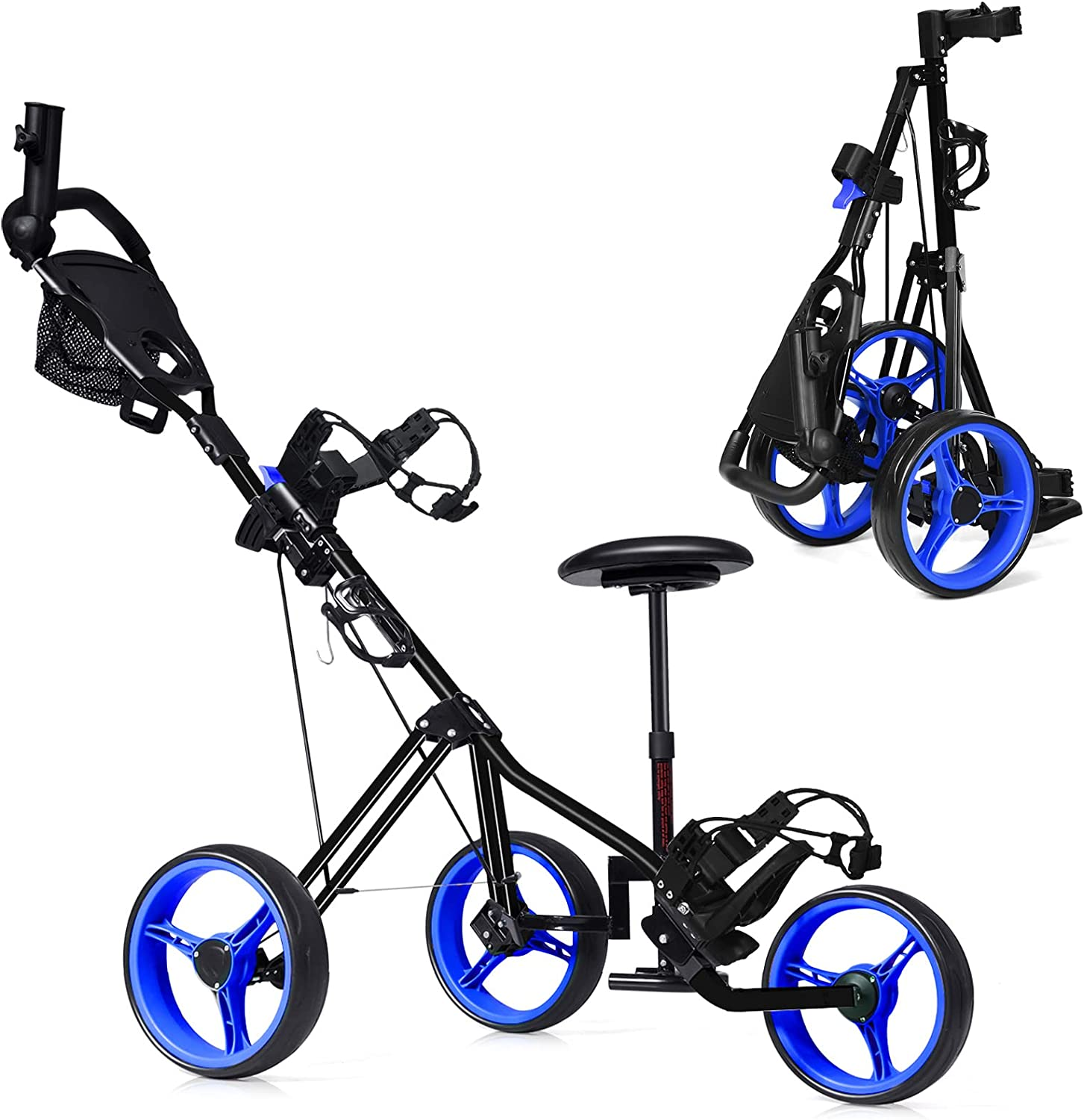 Costway 3-Wheel Folding Golf Push Cart, Multifunctional Push Pull Golf Trolley with Adjustable Handle, Padded Seat, Scoreboard, Cup Holder & Umbrella Holder