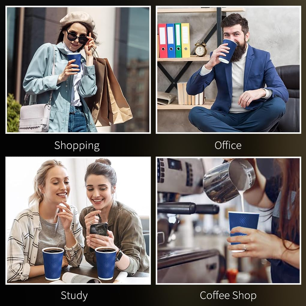 Vivva 12Oz 100 Pack Ripple Wall Paper Cups, Disposable Coffee Cups with Lids, to Go Paper Coffee Cups for Hot/Cold Beverages, Tea, Hot Chocolate, Juice. Ideal for Home, Restaurant, and Cafe (Blue) - Black - 8Oz image number 5