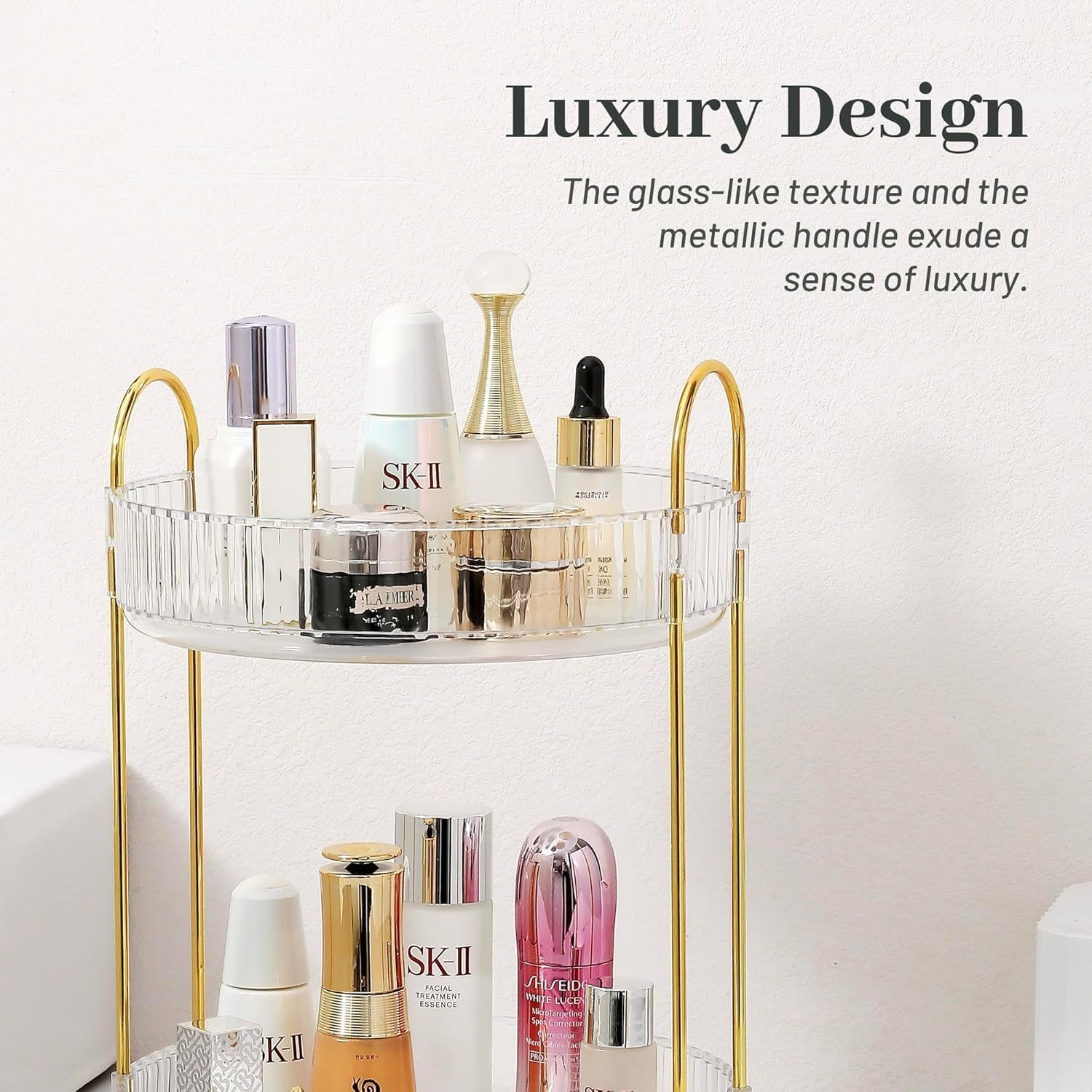 METOY Rotating Makeup Organizer for Vanity, Perfume Skincare Organizers Make up Storage for Bathroom Counter, Clear Spinning Cosmetic Lipstick Toiletry Organizer Holder (Pearl White, 2 Tier) image number 5