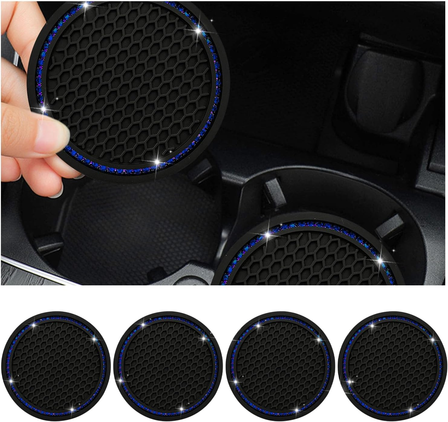 4 PCS Bling Car Cup Coaster, 2.75 Inch Crystal Rhinestone Auto Cup Holder Insert Coaster, Anti-Slip Durable Car Drink Cup Mat, Universal Vehicle Interior Decor Accessories (Black & AB)