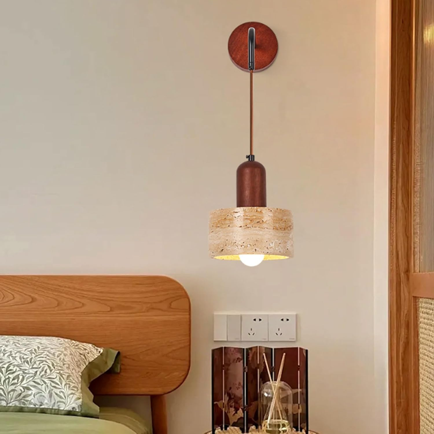 Wall Mounted Lamp Stone Lampshade Wall Lamp Adjustable Cord Height Bedside Wall Lamp E26 Travertine Wall Sconce Wall Lighting