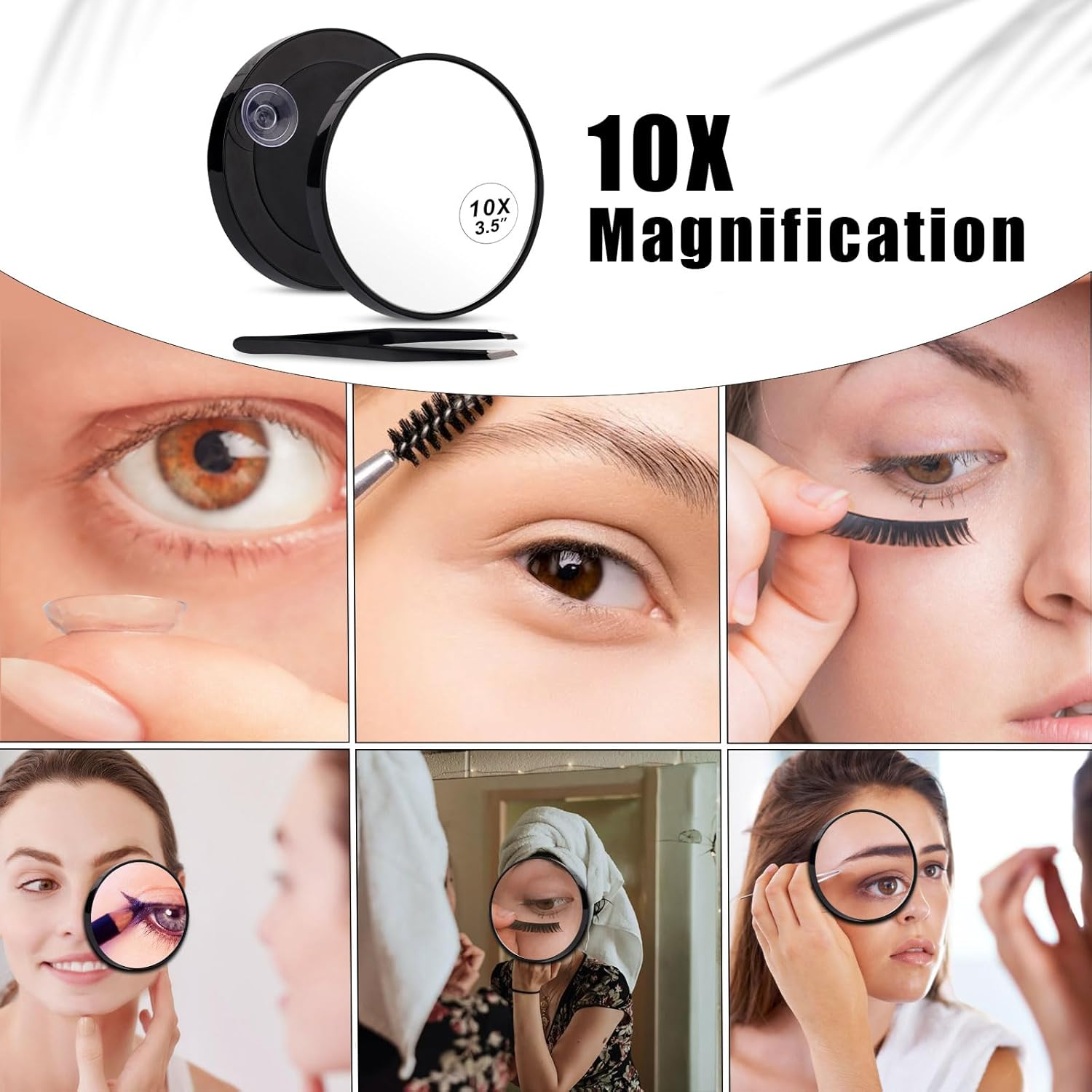 NQEUEPN 10X Magnifying Mirror, Easy Mounting 10X Magnifying Mirror with Suction Cups and Tweezers Magnifying Makeup Mirror Small for Travel Stick on Shower Mirror for Men Women, 3.5 Inch, Black image number 1