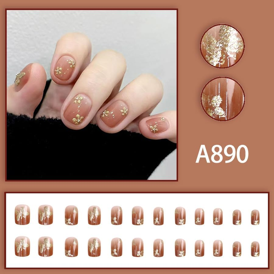 24Pcs Short Press on Nails Square False Nails Brown Red Ombre Fake Nails Glitter Gold Flower Butterfly Stick on Nails Removable Glue-On Acrylic Nail Tips Spring Summer Accessories for Women image number 3