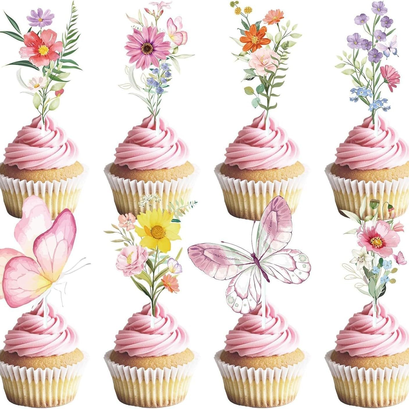 YJSPARKK 40PCS Butterfly Flower Cupcake Toppers,Wildflower Floral Bloom Cake Toppers Supplies,Decorations for Girls Women Birthday Wedding Baby Shower Fairy Party image number 3
