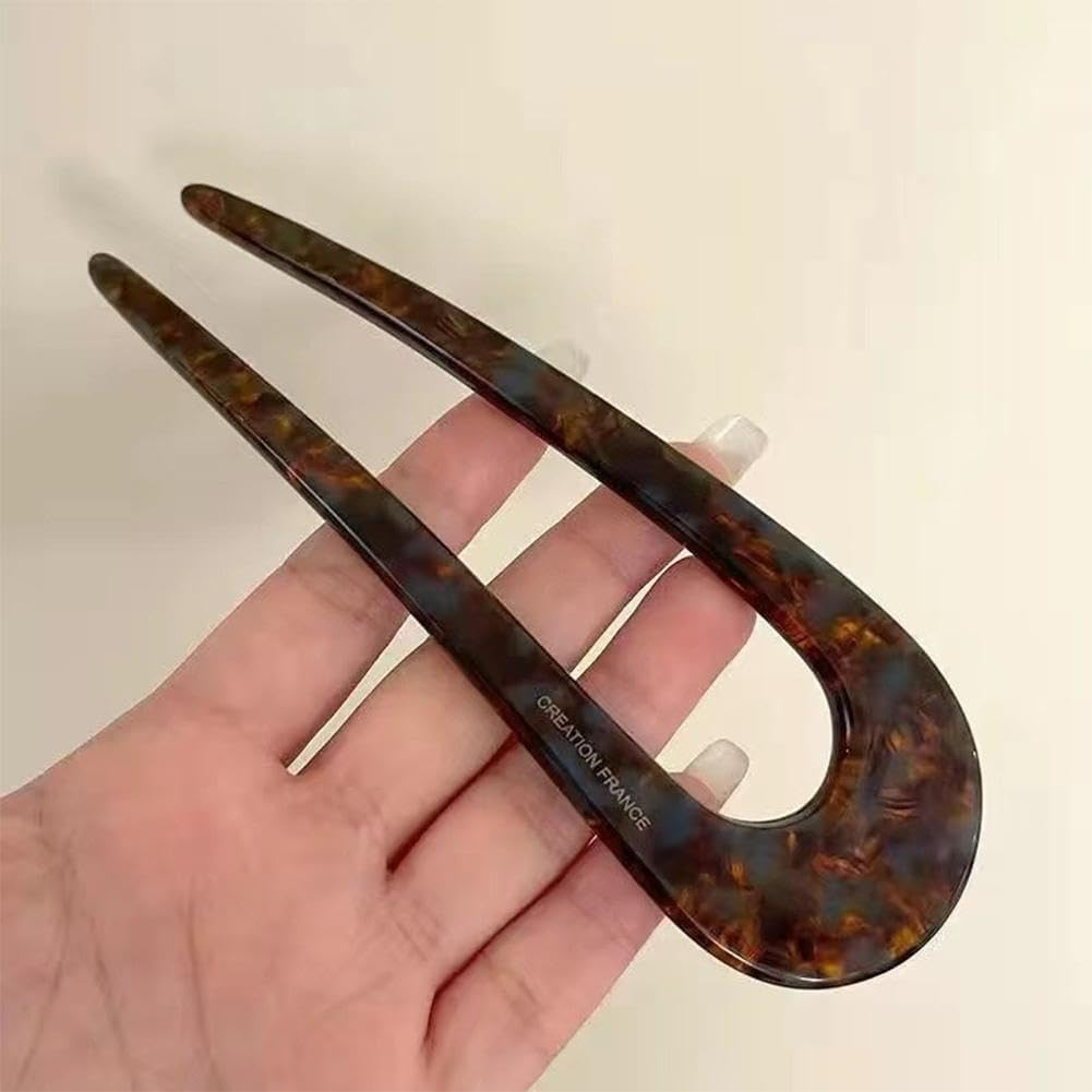 French Cellulose Acetate Hairpins Forks Vintage Print U-Shape Hair Pins Clips Hair Prong Bun Sticks 2 for Women Hair Access