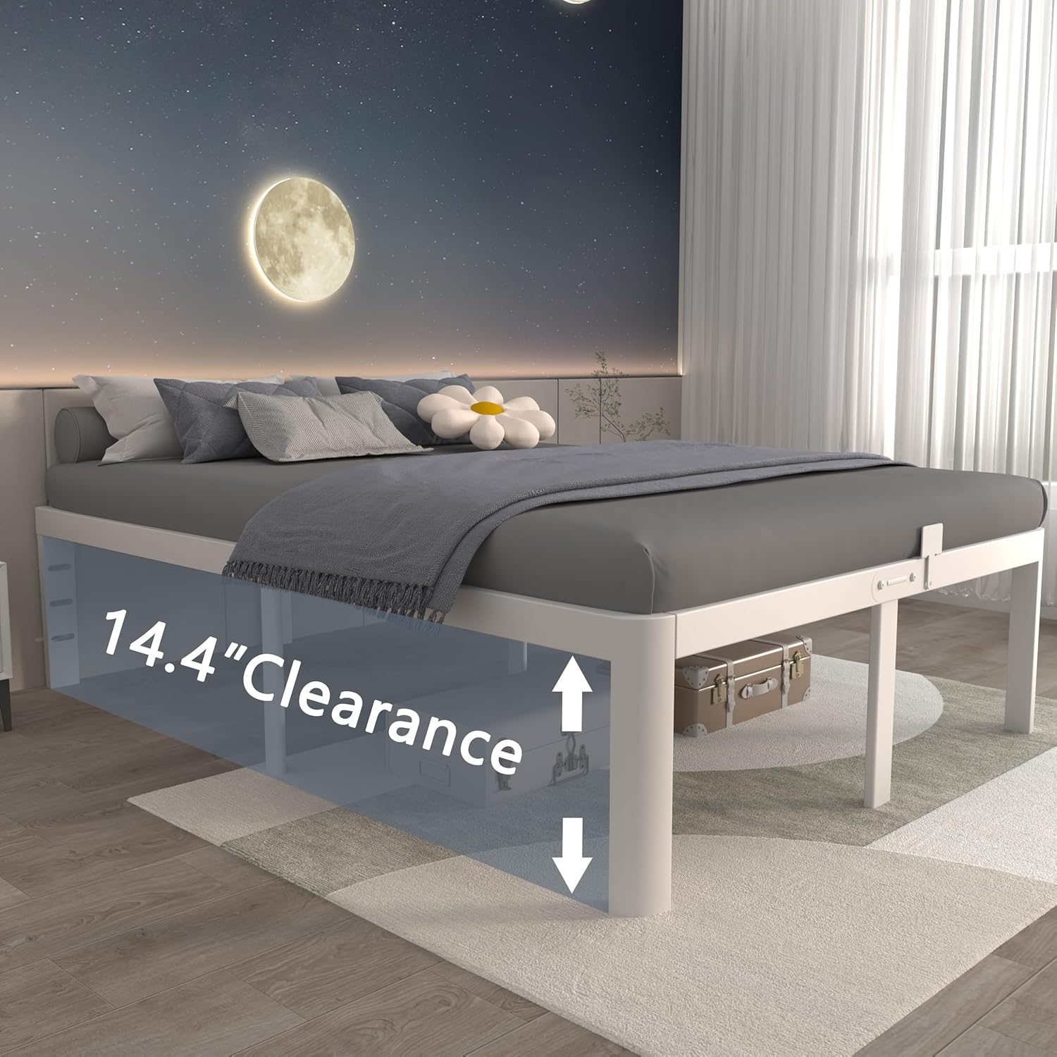ITIMIDI 16 Inch Bed Frame Queen Size with Metal Gaskets, Heavy Duty Queen Platform Bed Frame No Box Spring Needed, DIY Headboard, Anti-Slip Mattress Stopper, round Corner Leg, Easy Assembly, White image number 6