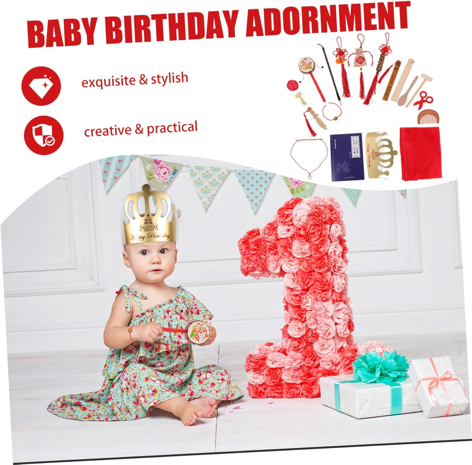 PRETYZOOM 1 Set Chinese Elements Birthday Set for Home Decor and Play for First Birthday Celebration Vintage and Creative Design image number 5