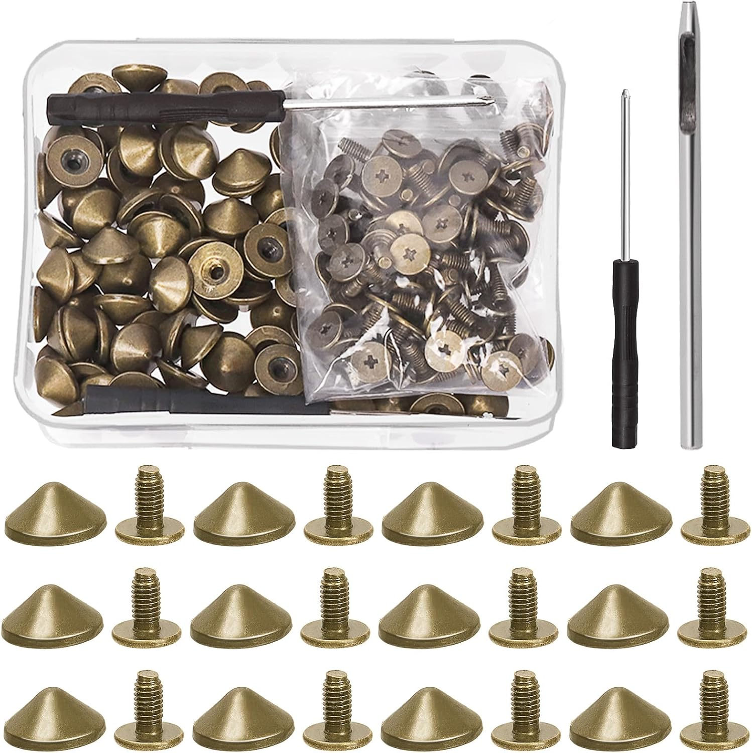 Tanstic 100 Sets(202Pcs) Bronze Cone Spikes and Studs Kit, 10 X 4.7Mm Metal Spikes and Studs Bullet Cone Spikes Studs Screw Back Punk Studs with Installation Tools for Leather Craft