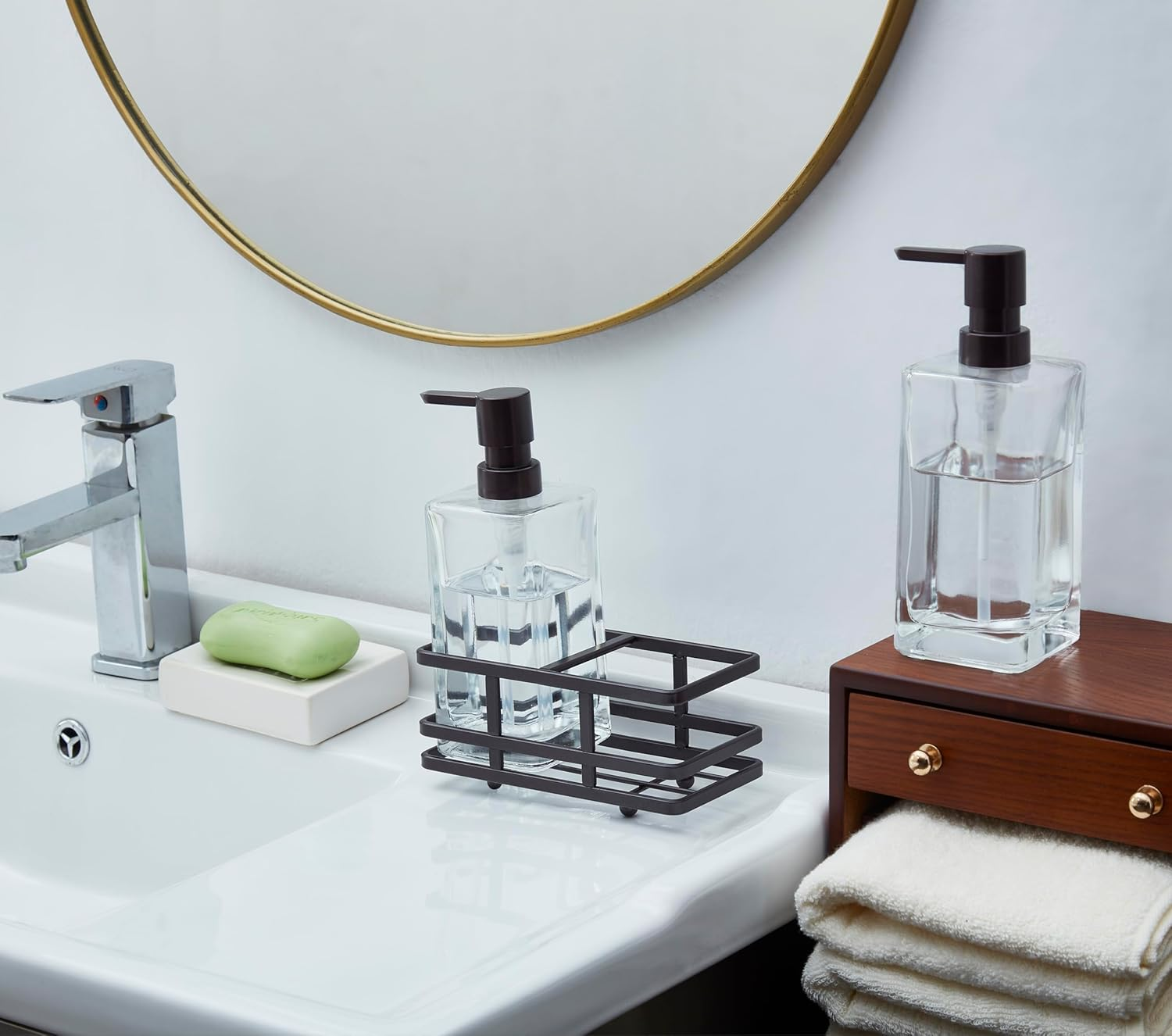 Square Glass Clear Lotion and Soap Pump Dispenser Set with Metal Stand Caddy for Bathroom Bath Kitchen Home Office Travel Hotel Hand Crafted Heavy Weight (Oil Rubbed Bronze) - Spa Blue image number 5