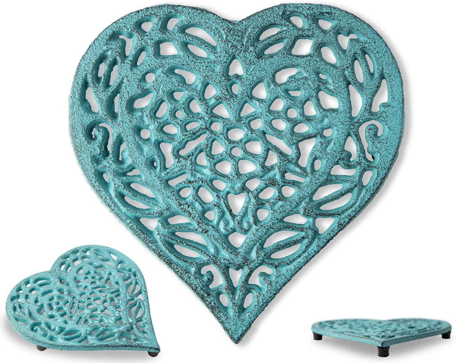Cast Iron Heart Trivet - Decorative Cast Iron Trivet for Kitchen or Dining Table - Vintage, Rusted Design - 6.75X6.5" - with Rubber Pegs/Feet - Recycled Metal - Blue