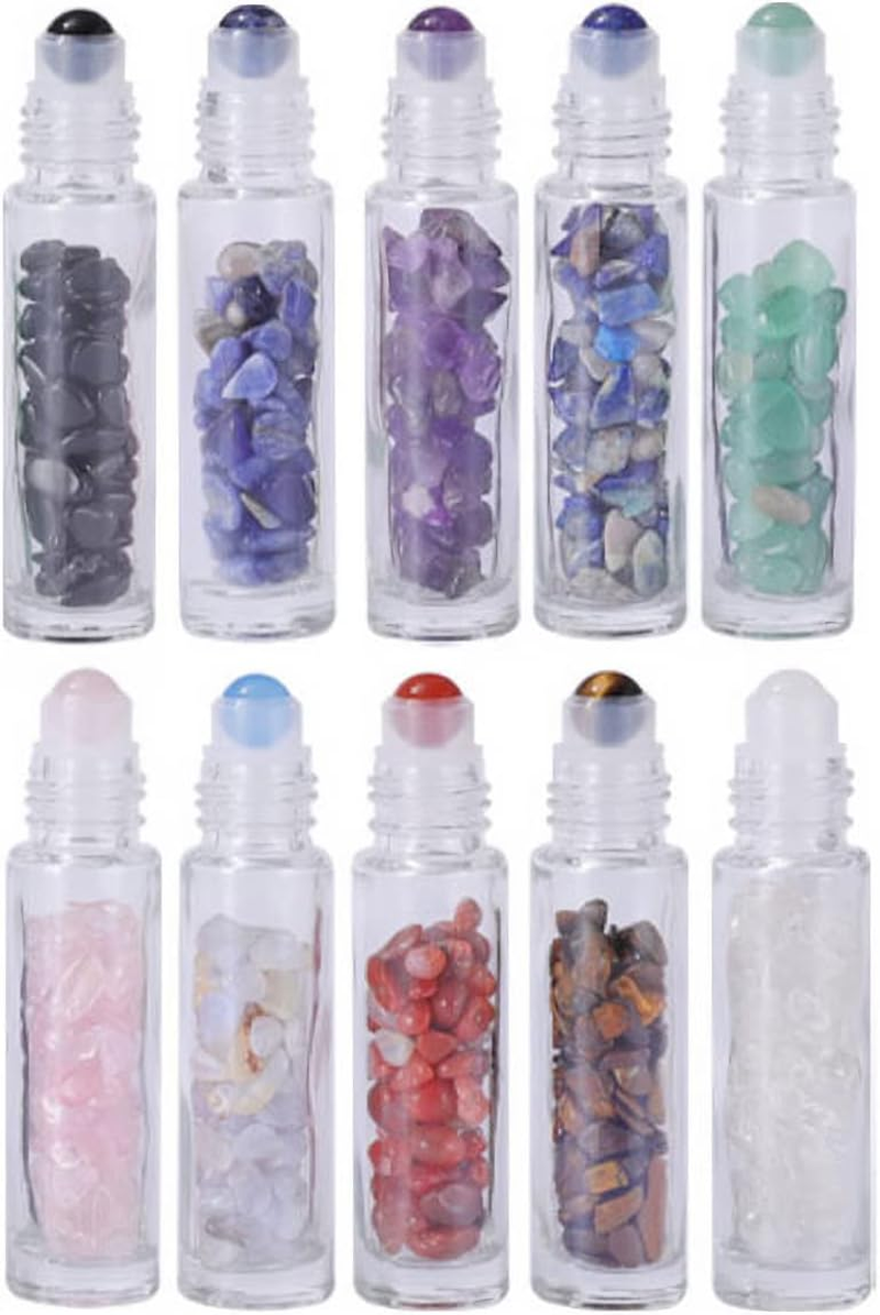10Pcs Clear Essential Oil Bottles, 10Ml Natural Gemstones Essential Oil Bottles, Roller Ball Perfume Bottle with Crystal Stone Roller Balls and Healing Crystal Chips Inside