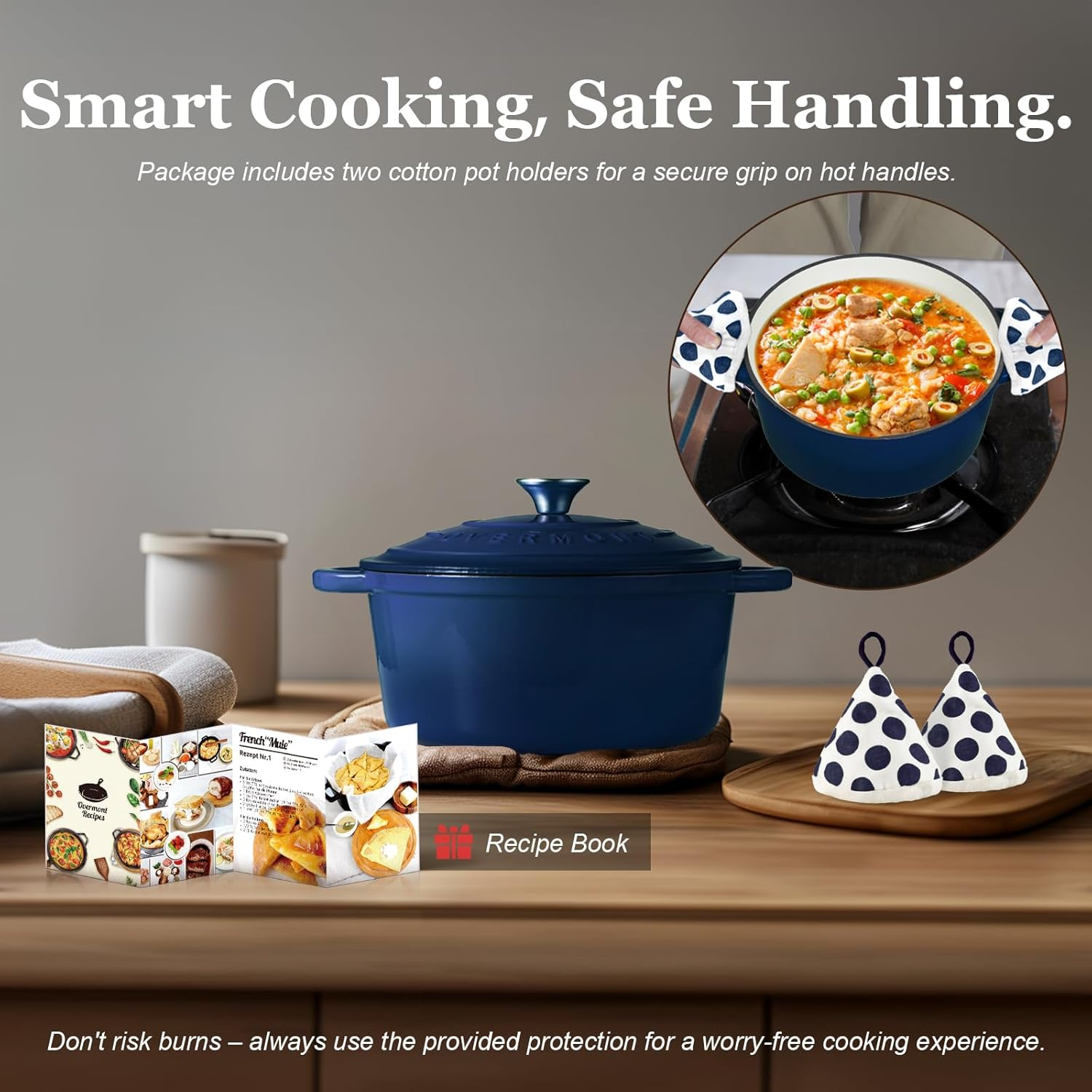 Overmont Roasting Dish Enamel Cast Iron Pot - 26 Cm Oven Safe - with Lid and Cookbook - for Kitchen Baking Braising Roasting - Deep Indigo image number 3