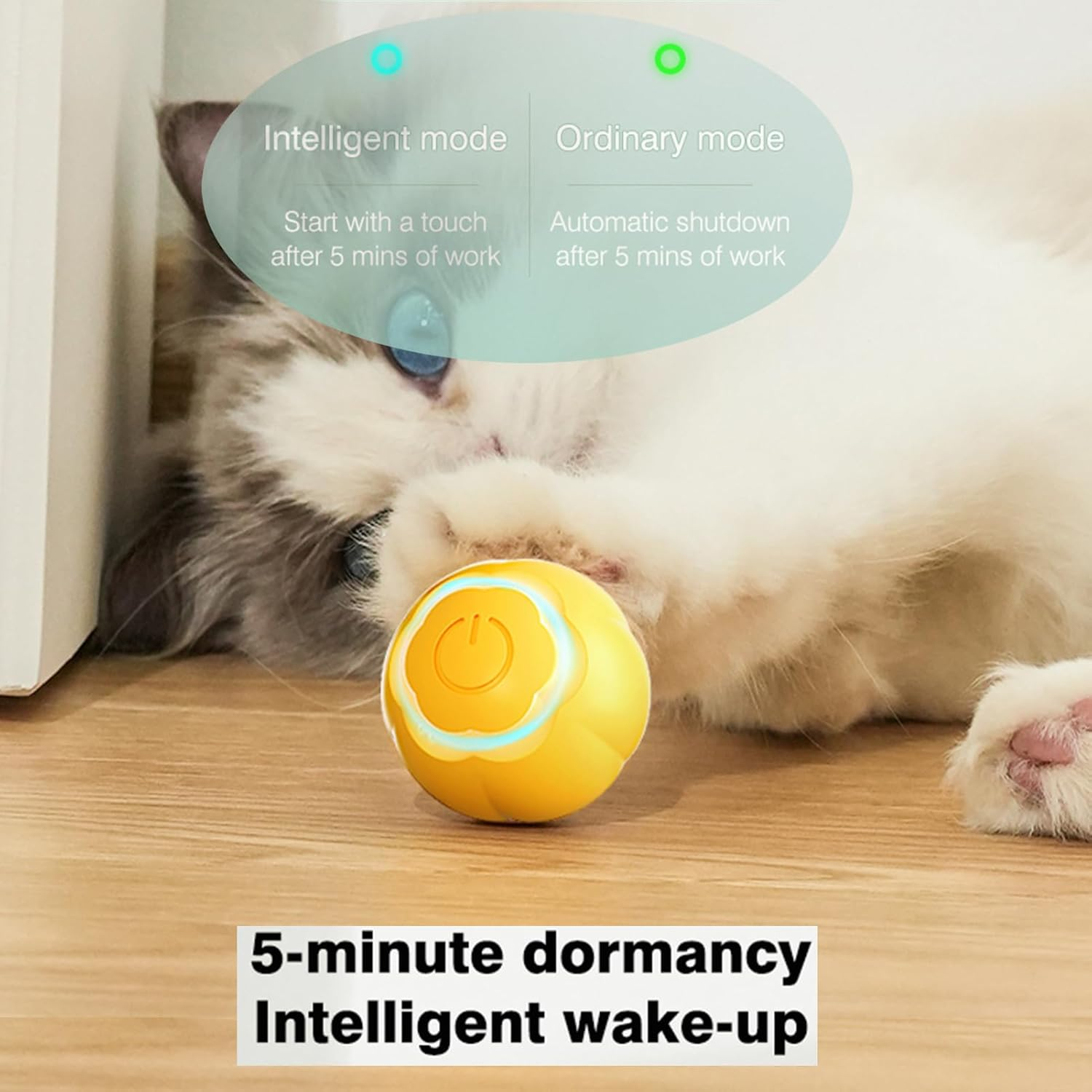Interactive Cat Ball Toy - USB Rechargeable, Intelligent Automatic Moving Rolling Ball for Cats, Quiet Indoor Pet Toy with LED Lights, Puzzle Fun Pet Toy (Yellow) image number 5