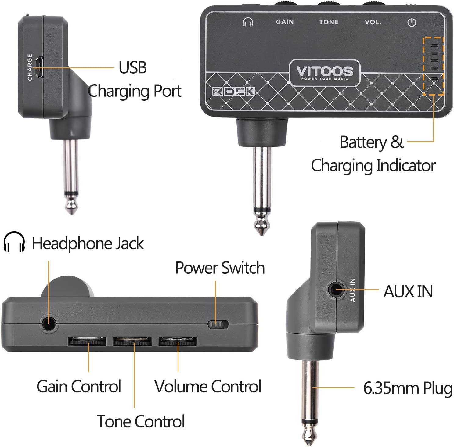 Rock Guitar Headphone Amplifier Amp 1/4 Inch Plug 3.5Mm Headphone Jack & Aux in with Gain Tone Volume Contorls Built-In Battery image number 1