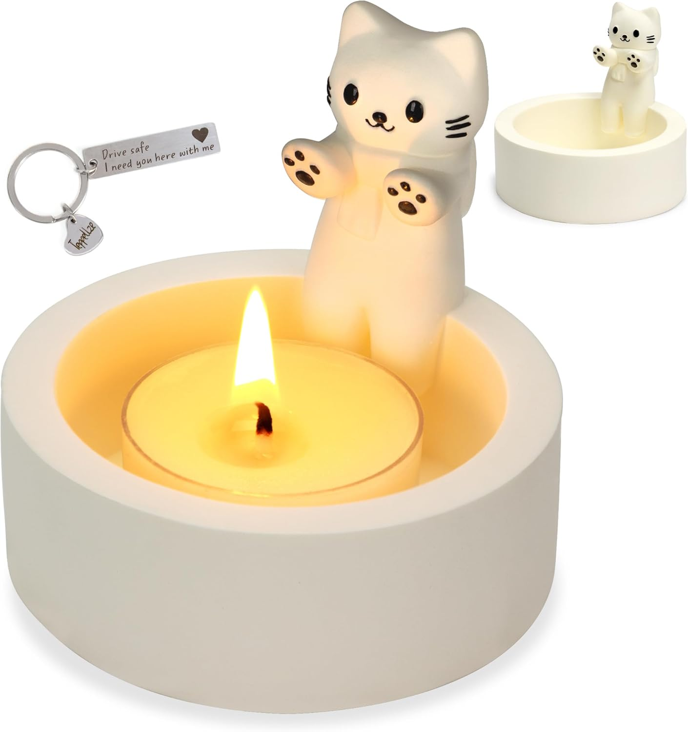 Cat Candle Holder Cute Kitty Cartoon Kitten Candle Holder Warming Paws Plaster Handmade Tea Light Candle Sticks Holder Home Decor Gifts for Cat Lovers with Keychain for Free.