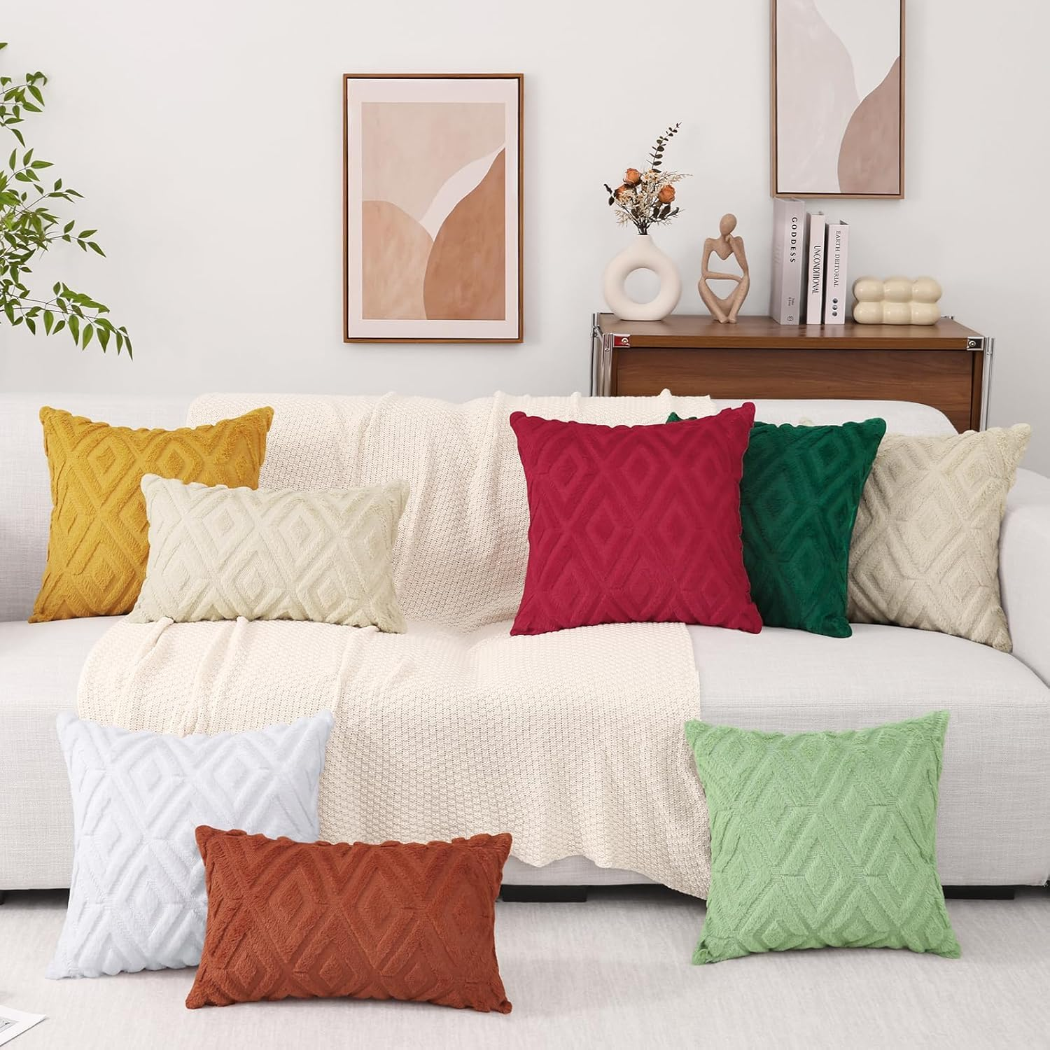 2Pcs Soft Faux Fur Throw Pillow Covers 18X18 - Plush Short Wool Velvet Decorative Pillow Covers - Couch Sofa Pillow Covers for Living Room - with 3D Diamond Pattern (Red) image number 1