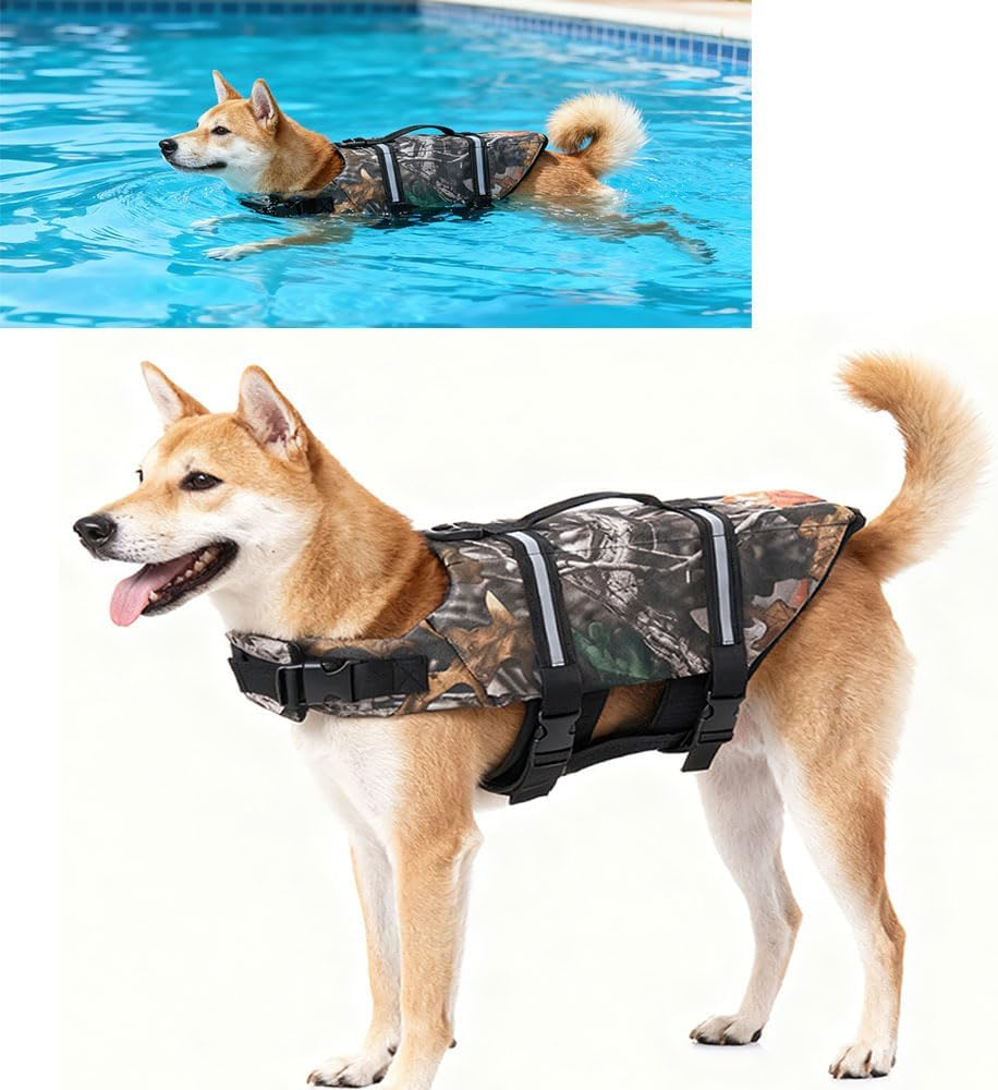 Dog Life Jacket, Camouflage Pet Life Vest with Adjustable Buckles, High Flotation Camo Dog Life Preserver Jacket, Lift Handle Ripstop Lightweight Dog Swimsuits for Small and Medium Breeds image number 2