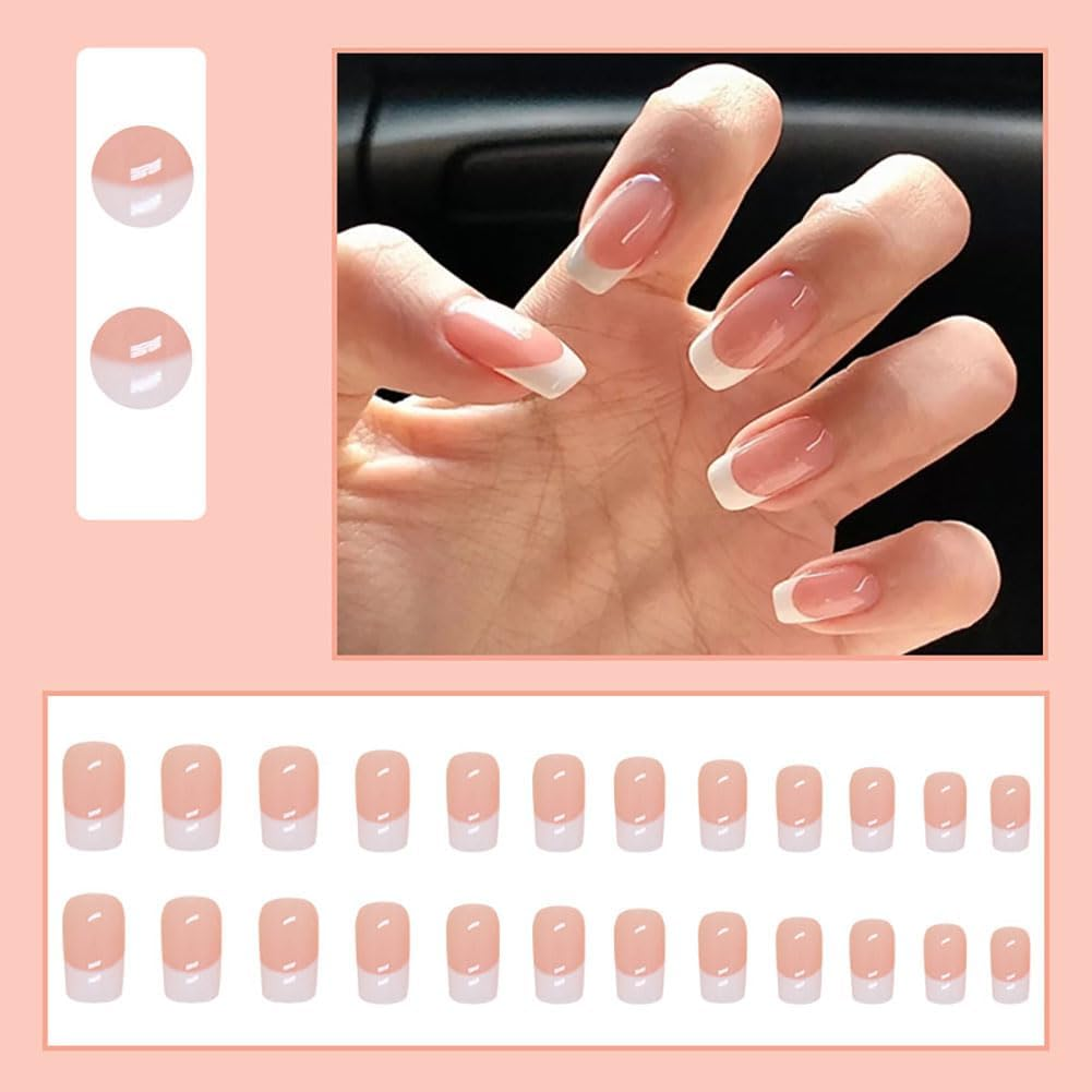 LOPHE 24 Pcs Press on Nails Fake Nails Square Short French False Nails Nude Pink Nail Stickers for Women and Girls Nail Art F image number 2