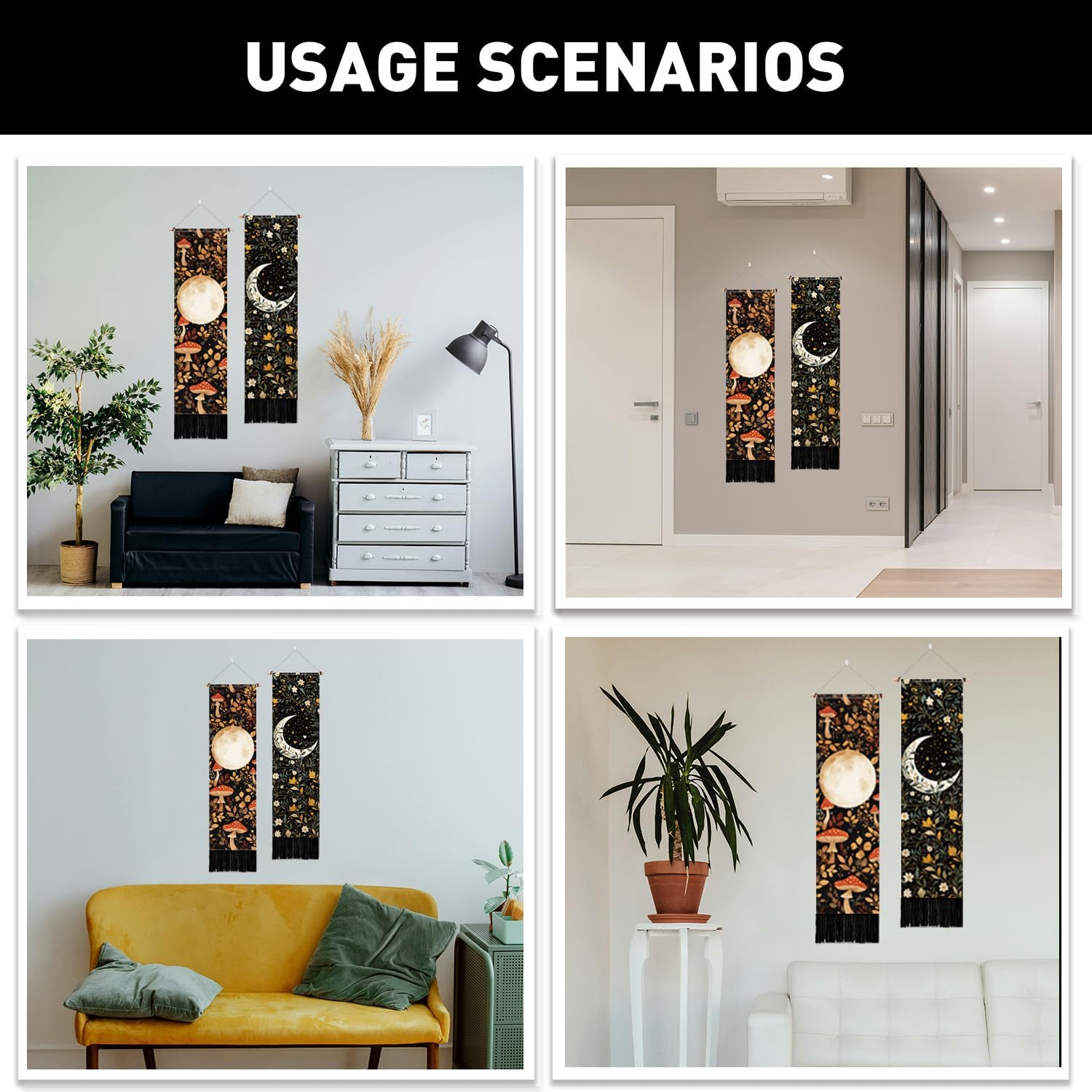 PLIGREAT 2 Pack Moon Tapestry Mushroom and Botanical Tapestry with Tassels Vertical Bohemian Wall Hanging Aesthetic Floral Wall Tapestries for Bedroom Living Room Dorm Room Narrow Home Decor - Blue And Black image number 4