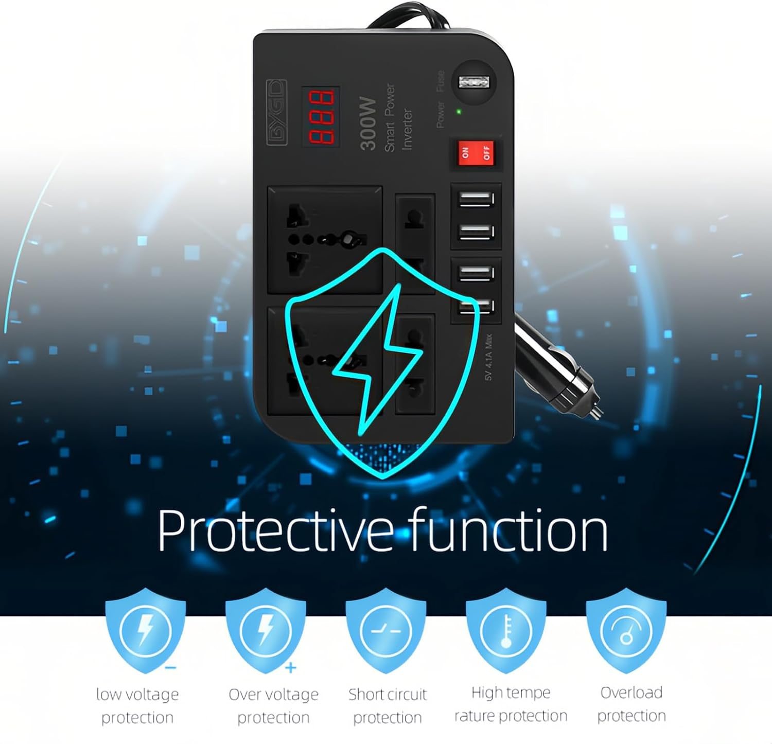 300W Car Power Inverter, DC 12V to 220V AC Converter with LED Display, 4 USB Ports, 4 Charger Outlets, Pure Sine Wave - Portable Charger for Cars, Trucks, Rvs image number 1